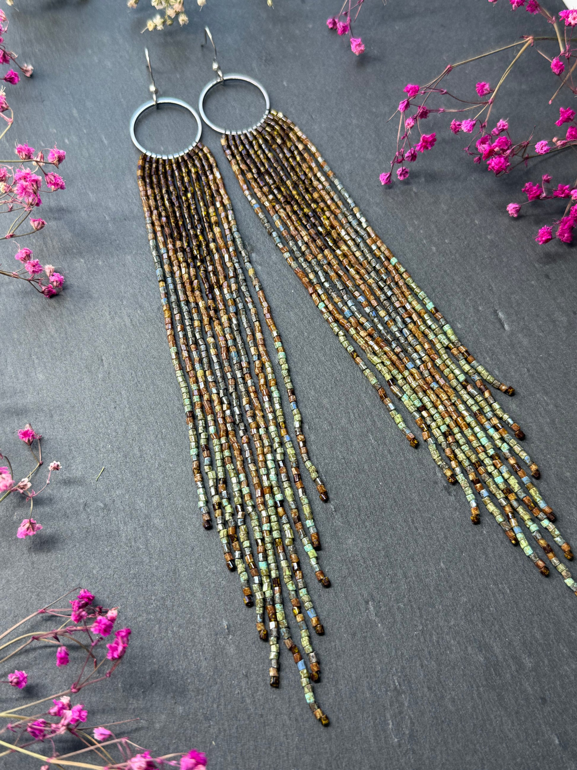 Long beaded fringe earrings, boho hoop design, brown and blue seed bead jewelry. Handmade statement earrings with 925 sterling silver hooks. Unique earrings for her image 16