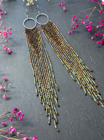 Long beaded fringe earrings, boho hoop design, brown and blue seed bead jewelry. Handmade statement earrings with 925 sterling silver hooks. Unique earrings for her image 16