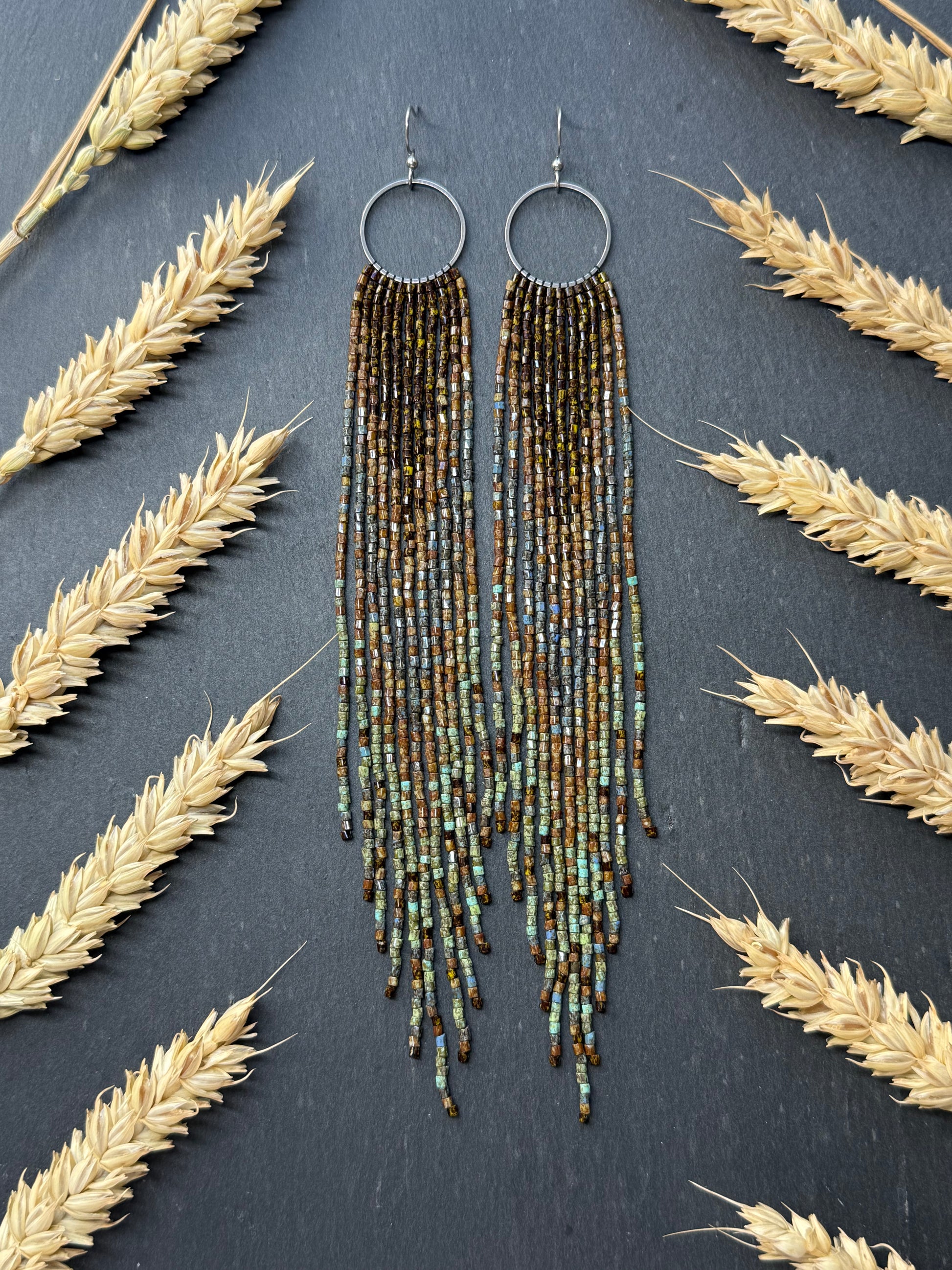 Long beaded fringe earrings, boho hoop design, brown and blue seed bead jewelry. Handmade statement earrings with 925 sterling silver hooks. Unique earrings for her image 17