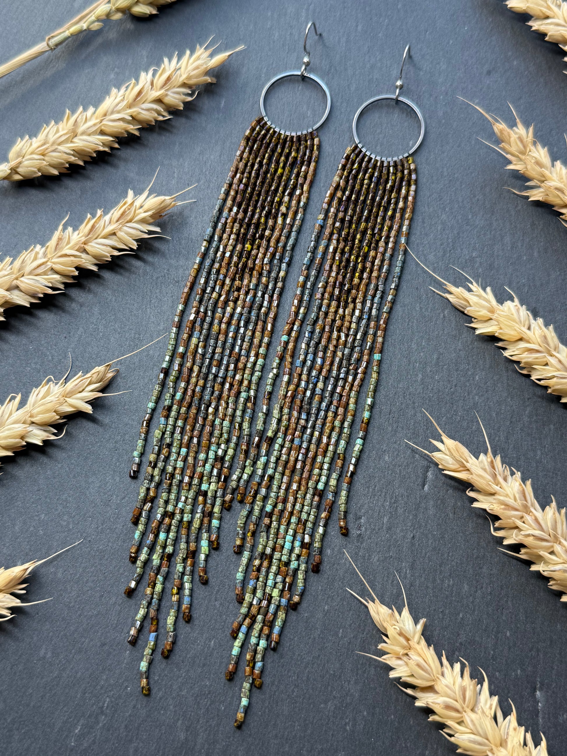 Long beaded fringe earrings, boho hoop design, brown and blue seed bead jewelry. Handmade statement earrings with 925 sterling silver hooks. Unique earrings for her image 18