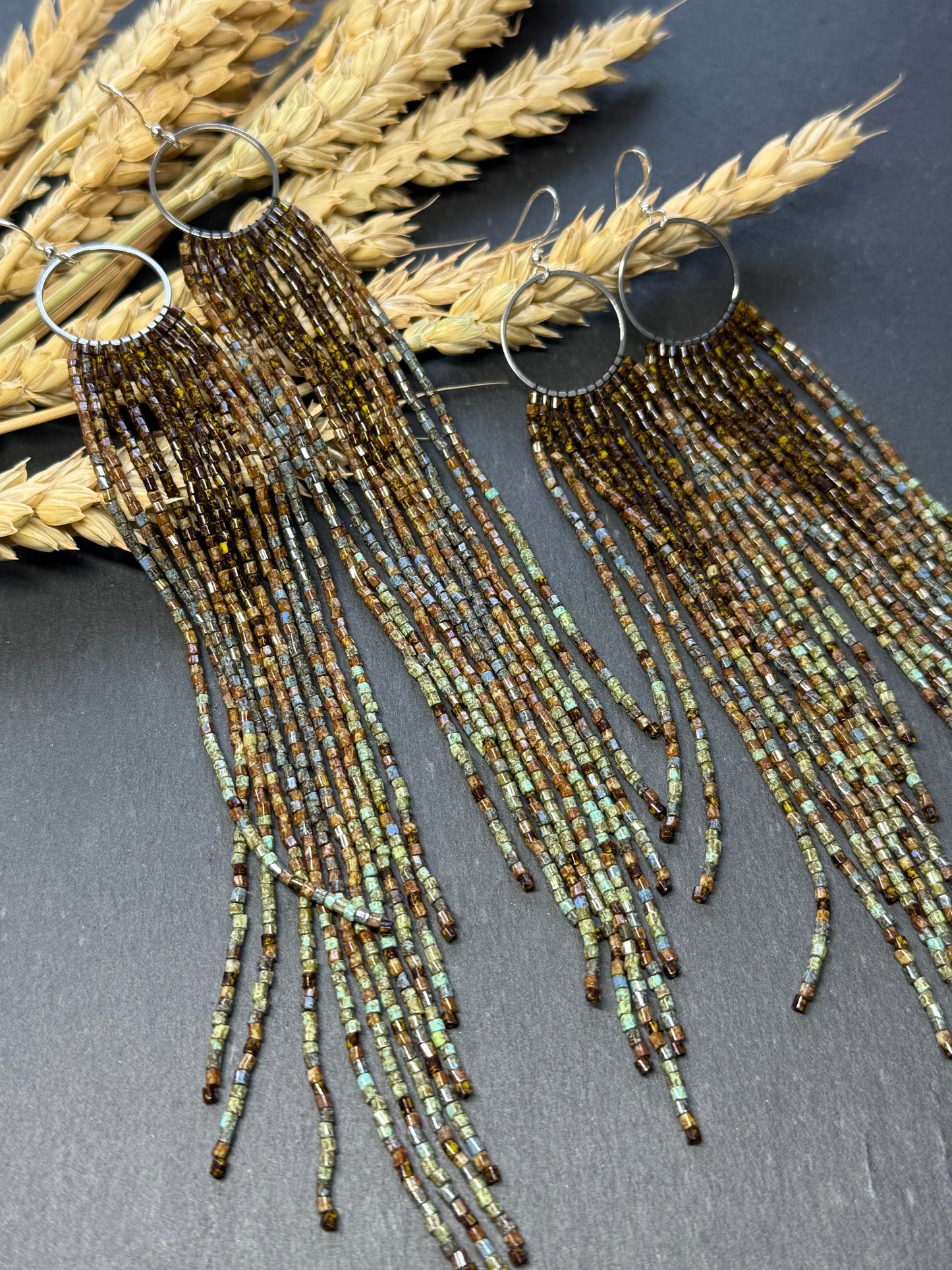 Long beaded fringe earrings, boho hoop design, brown and blue seed bead jewelry. Handmade statement earrings with 925 sterling silver hooks. Unique earrings for her image 19