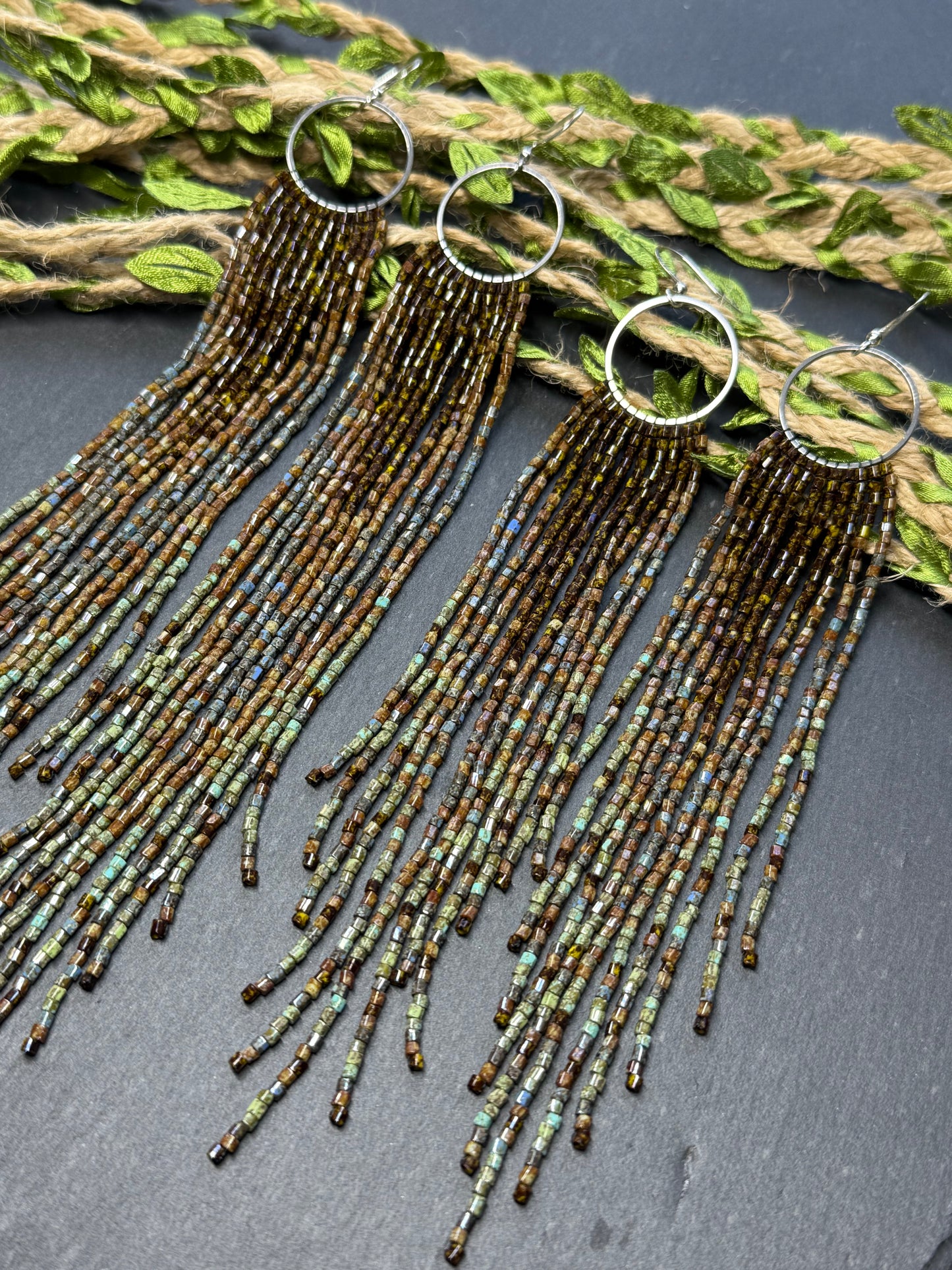 Long beaded fringe earrings, boho hoop design, brown and blue seed bead jewelry. Handmade statement earrings with 925 sterling silver hooks. Unique earrings for her image 20