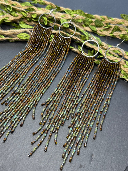 Long beaded fringe earrings, boho hoop design, brown and blue seed bead jewelry. Handmade statement earrings with 925 sterling silver hooks. Unique earrings for her image 20
