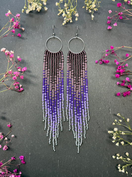 Long purple and silver beaded fringe earrings on hoop base with 925 sterling silver hooks. Handmade statement earrings fringe and gradient design boho jewelry image 1