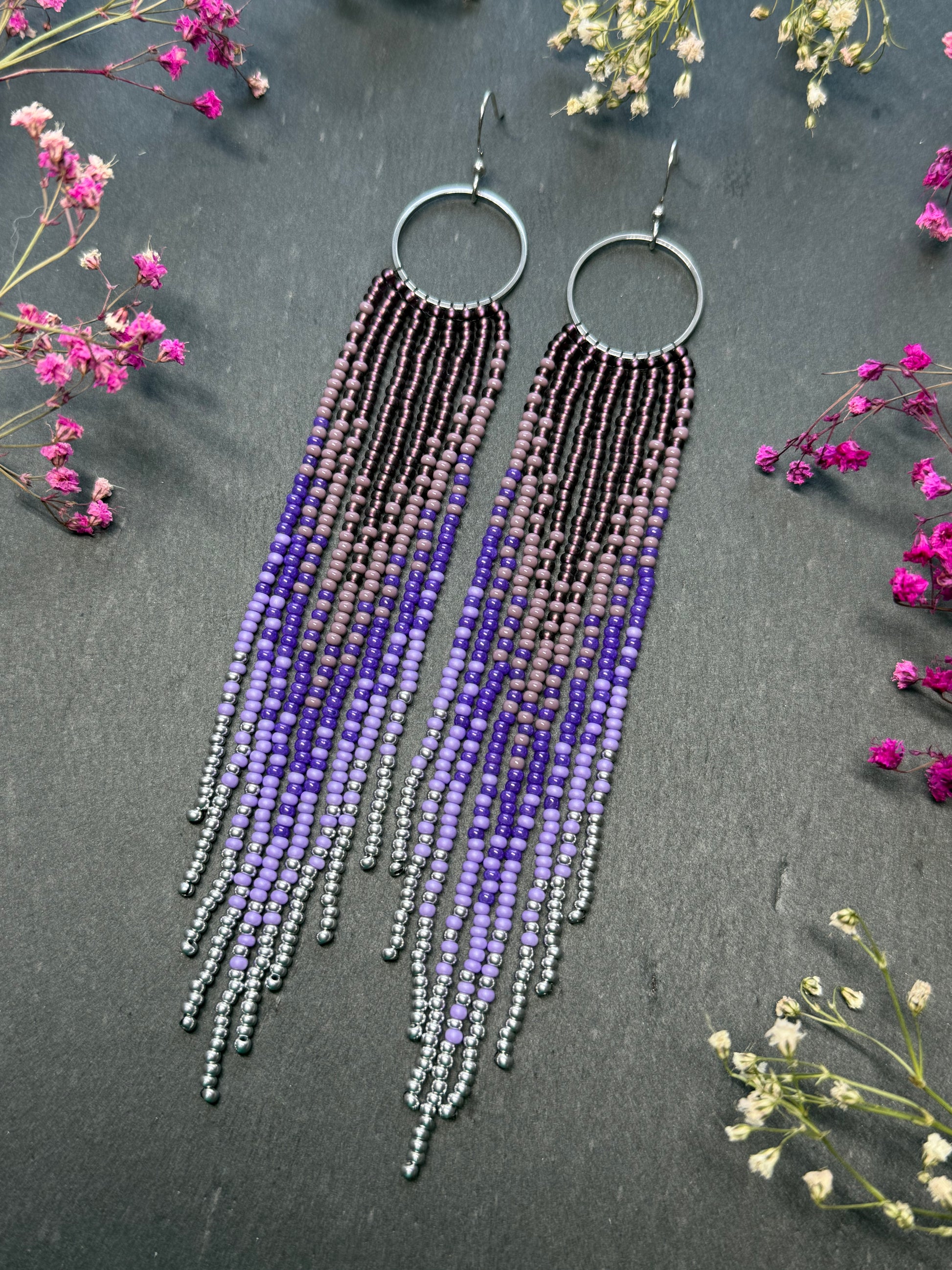 Long purple and silver beaded fringe earrings on hoop base with 925 sterling silver hooks. Handmade statement earrings fringe and gradient design boho jewelry image 3
