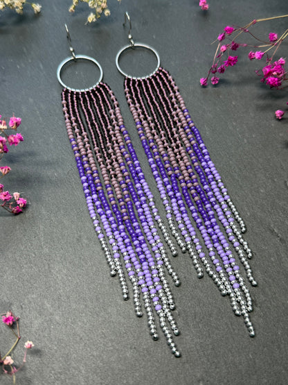 Long purple and silver beaded fringe earrings on hoop base with 925 sterling silver hooks. Handmade statement earrings fringe and gradient design boho jewelry image 7