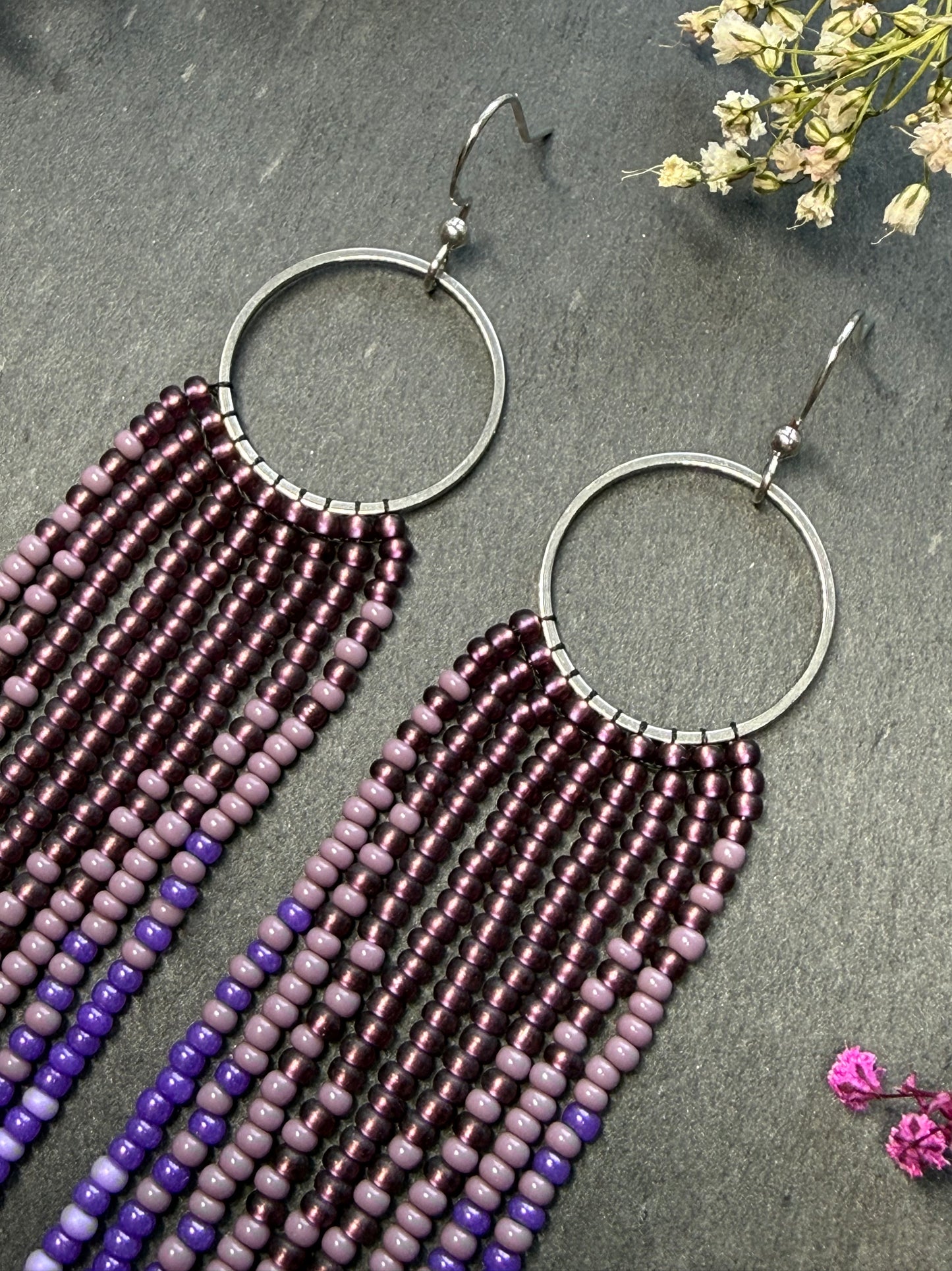 Long purple and silver beaded fringe earrings on hoop base with 925 sterling silver hooks. Handmade statement earrings fringe and gradient design boho jewelry image 4