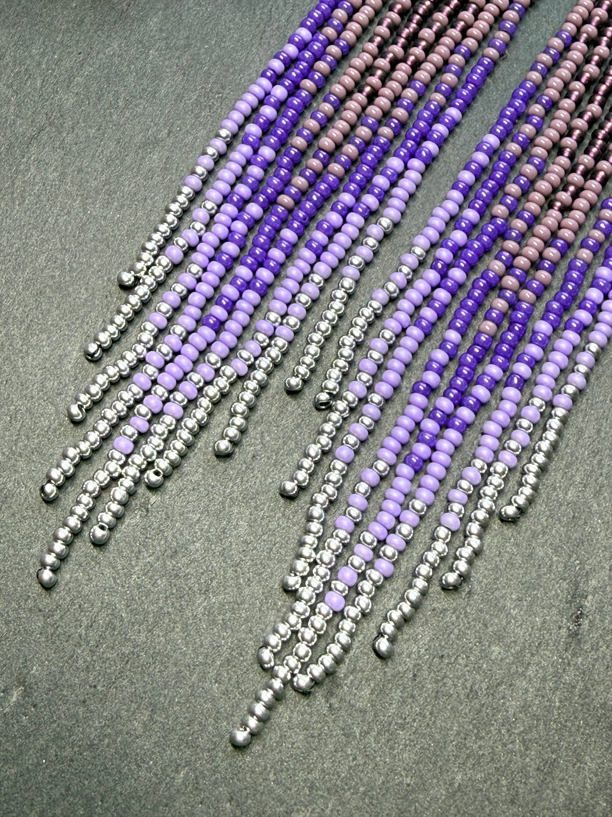 Long purple and silver beaded fringe earrings on hoop base with 925 sterling silver hooks. Handmade statement earrings fringe and gradient design boho jewelry image 6