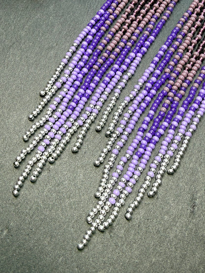 Long purple and silver beaded fringe earrings on hoop base with 925 sterling silver hooks. Handmade statement earrings fringe and gradient design boho jewelry image 6