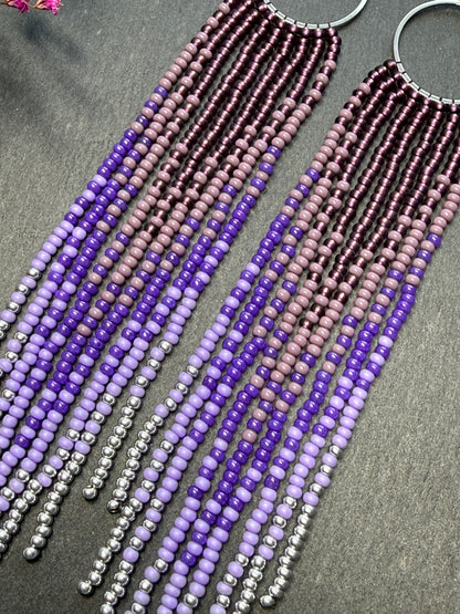 Long purple and silver beaded fringe earrings on hoop base with 925 sterling silver hooks. Handmade statement earrings fringe and gradient design boho jewelry image 5