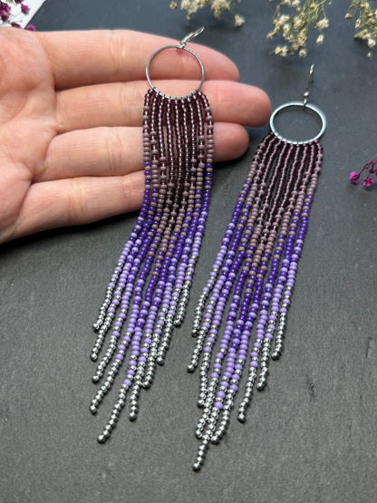 Long purple and silver beaded fringe earrings on hoop base with 925 sterling silver hooks. Handmade statement earrings fringe and gradient design boho jewelry image 8