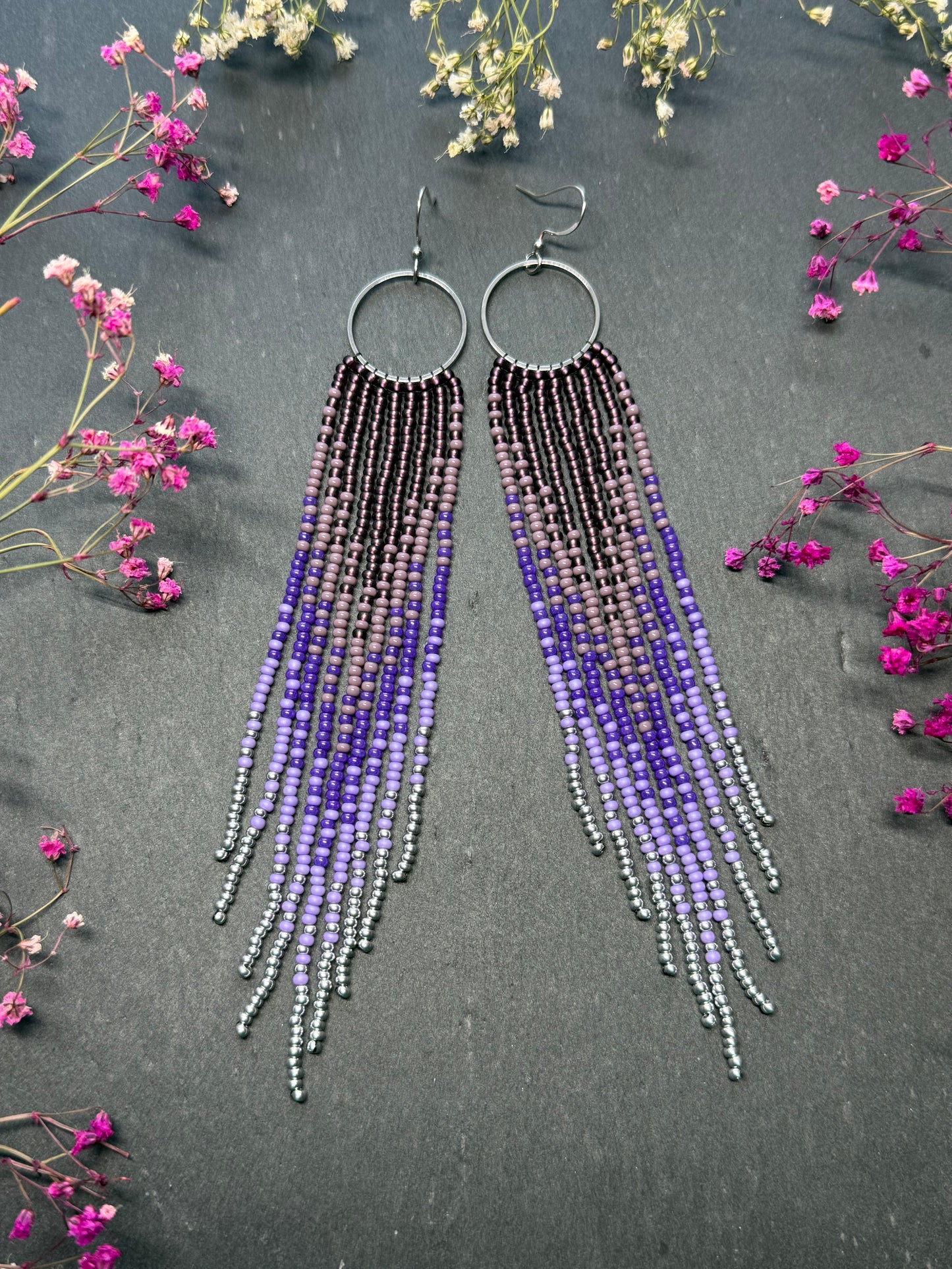 Long purple and silver beaded fringe earrings on hoop base with 925 sterling silver hooks. Handmade statement earrings fringe and gradient design boho jewelry image 12