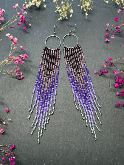 Long purple and silver beaded fringe earrings on hoop base with 925 sterling silver hooks. Handmade statement earrings fringe and gradient design boho jewelry image 12