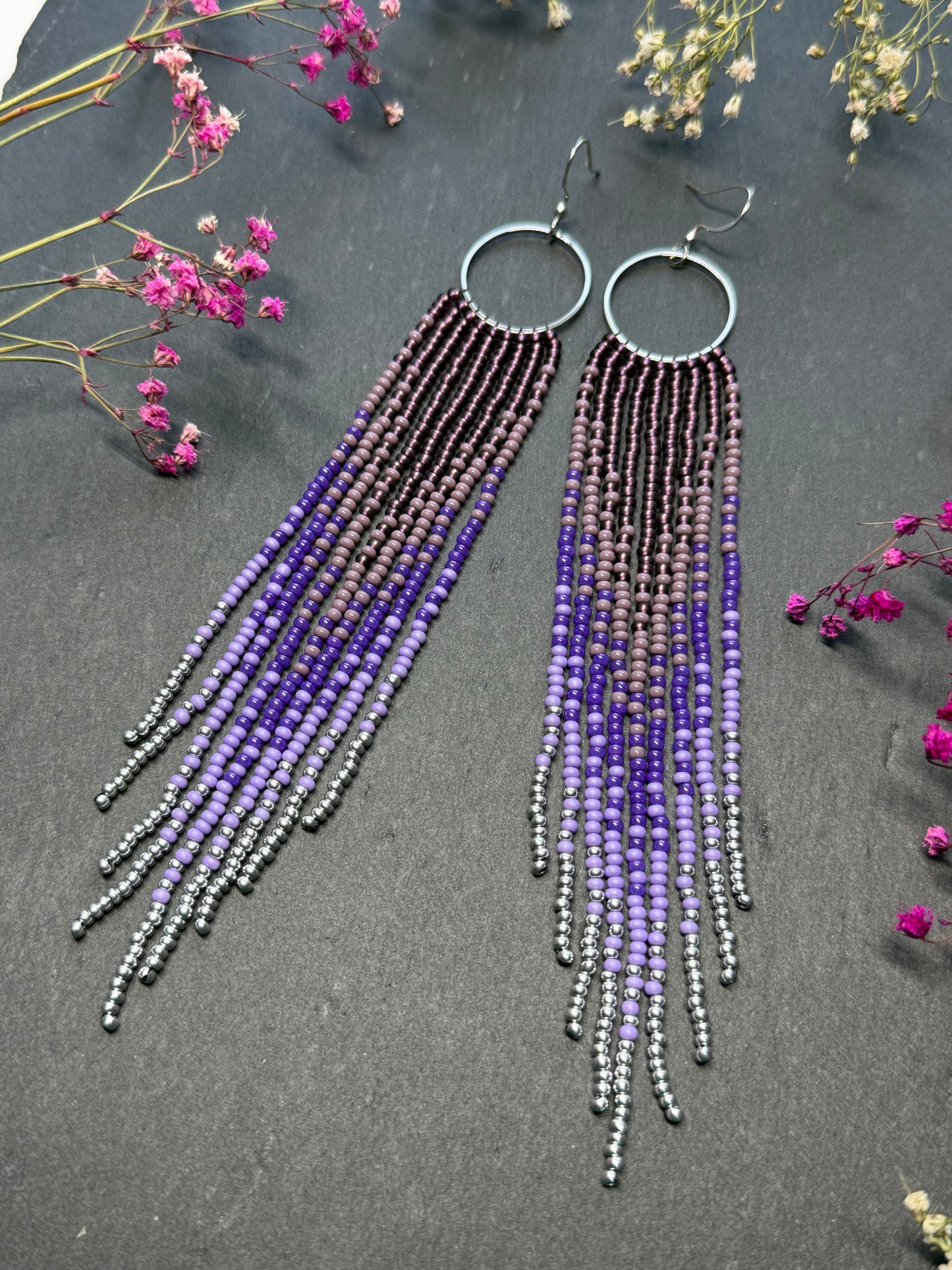 Long purple and silver beaded fringe earrings on hoop base with 925 sterling silver hooks. Handmade statement earrings fringe and gradient design boho jewelry image 14