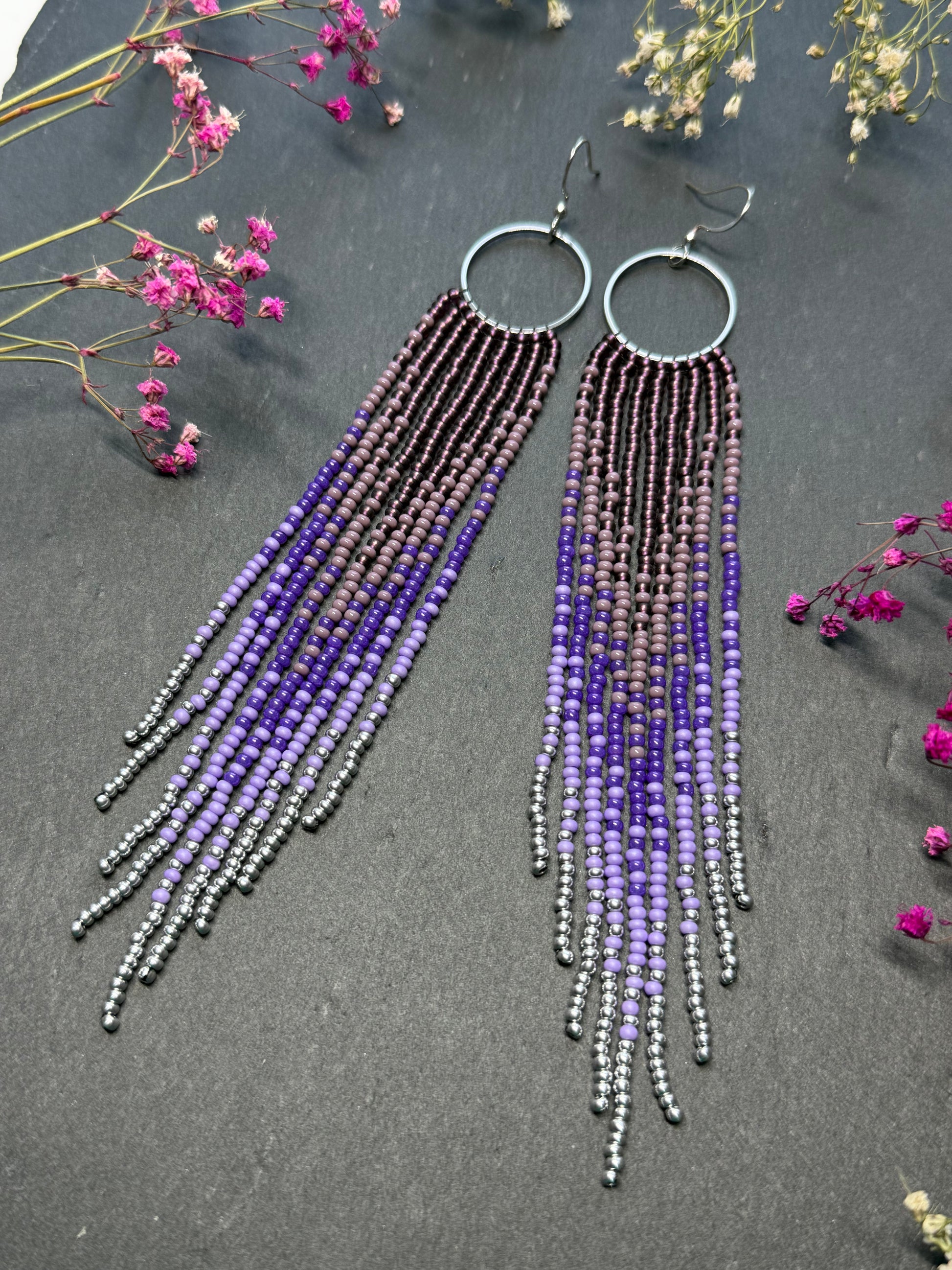 Long purple and silver beaded fringe earrings on hoop base with 925 sterling silver hooks. Handmade statement earrings fringe and gradient design boho jewelry image 14