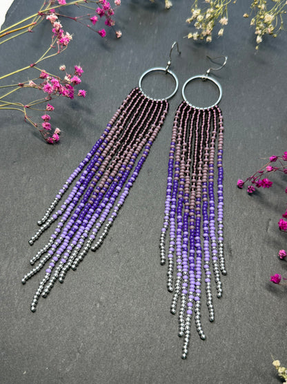 Long purple and silver beaded fringe earrings on hoop base with 925 sterling silver hooks. Handmade statement earrings fringe and gradient design boho jewelry image 14