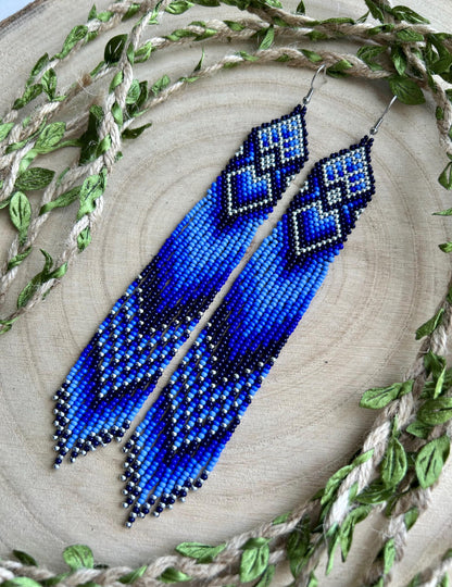 Handmade long blue beaded boho earrings with fringe and silver accents. Native style statement jewelry, unique artisanal accessory for bold style image 9