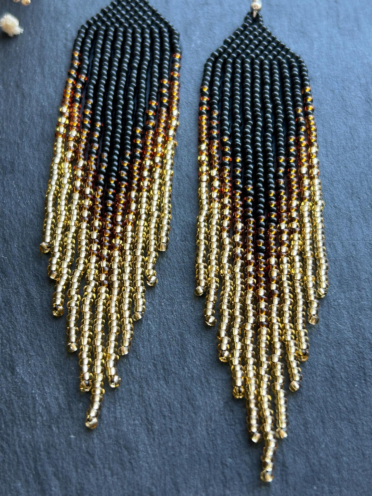 Handmade black beaded earrings with gold ombre and boho fringe. Unique statement jewelry with elegant shimmer, perfect gift for lovers of artisan style image 6