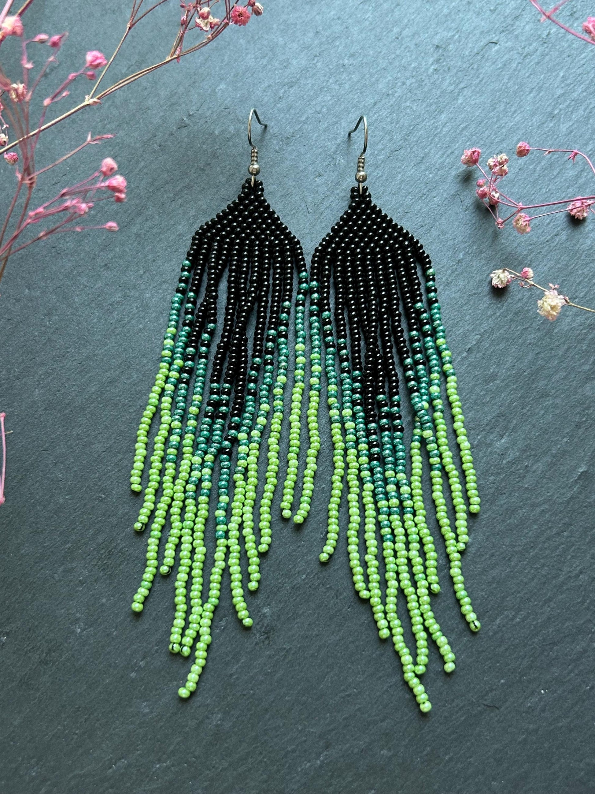 Long ombre beaded earrings in black and green with delicate fringe. Unique handmade jewelry for women, combining modern style with effortless elegance image 1