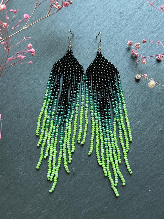 Long ombre beaded earrings in black and green with delicate fringe. Unique handmade jewelry for women, combining modern style with effortless elegance image 1