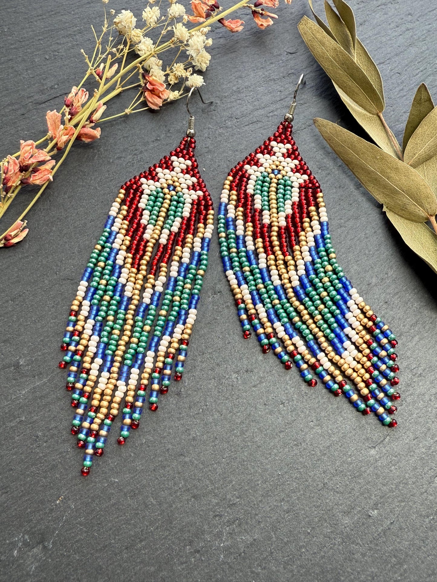Unique handmade long beaded boho earrings in red, green, copper, blue, and beige. Native American statement earrings for women, unique gift for her image 9