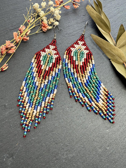 Unique handmade long beaded boho earrings in red, green, copper, blue, and beige. Native American statement earrings for women, unique gift for her image 9
