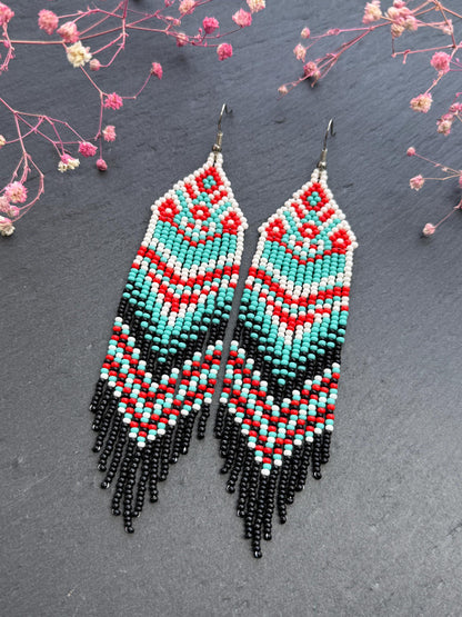 Handmade long bright beaded fringe earrings in red, black and turquoise. Native American motif, boho statement dangle earrings for women, unique gift for her image 11