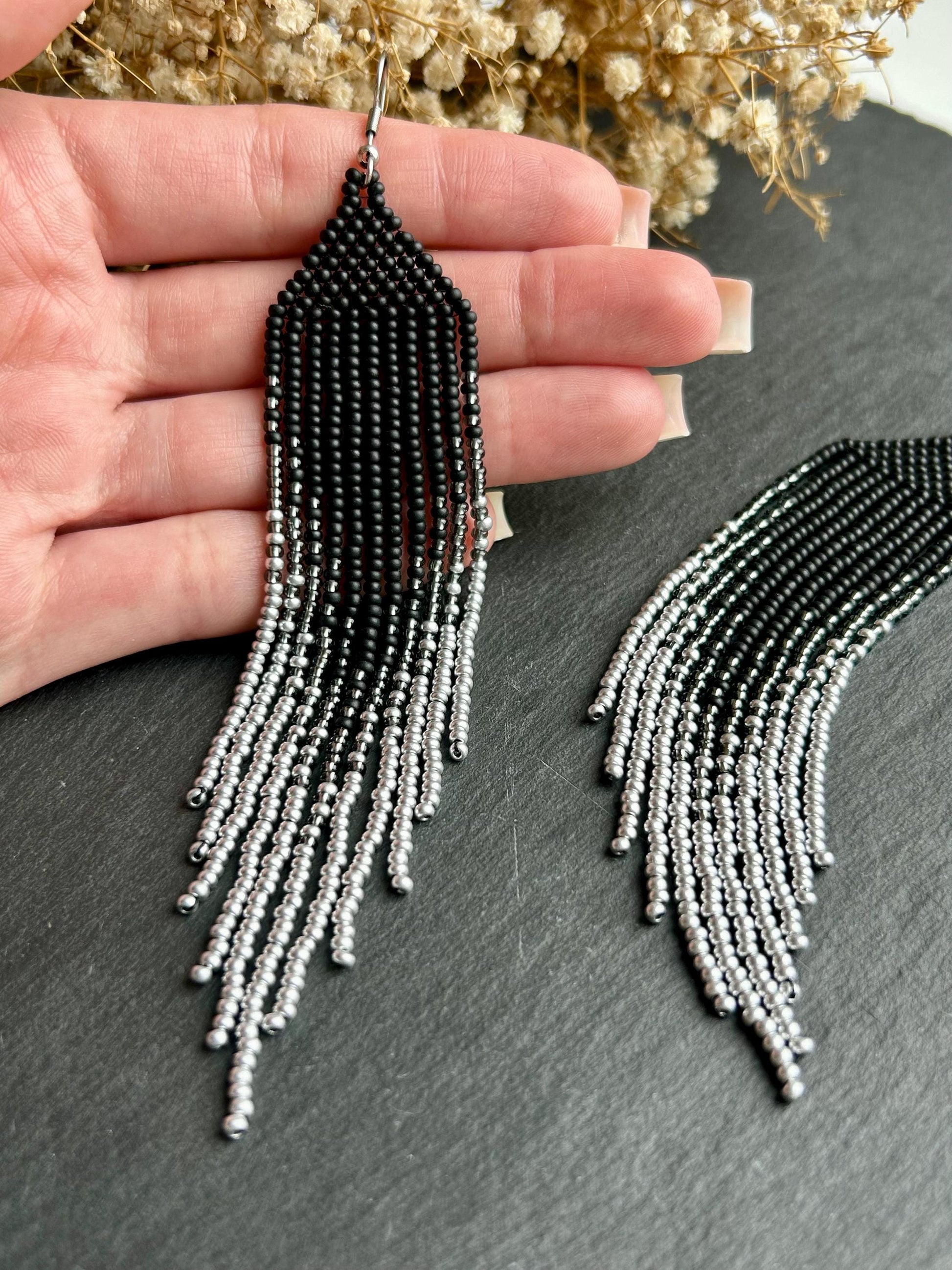 Long black matte beaded earrings with silver ombre fringe. Unique, vibrant, cute statement handmade boho earrings for women, eye-catching and perfect as a gift for her or for everyday wear image 7