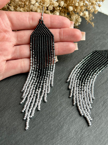 Long black matte beaded earrings with silver ombre fringe. Unique, vibrant, cute statement handmade boho earrings for women, eye-catching and perfect as a gift for her or for everyday wear image 7