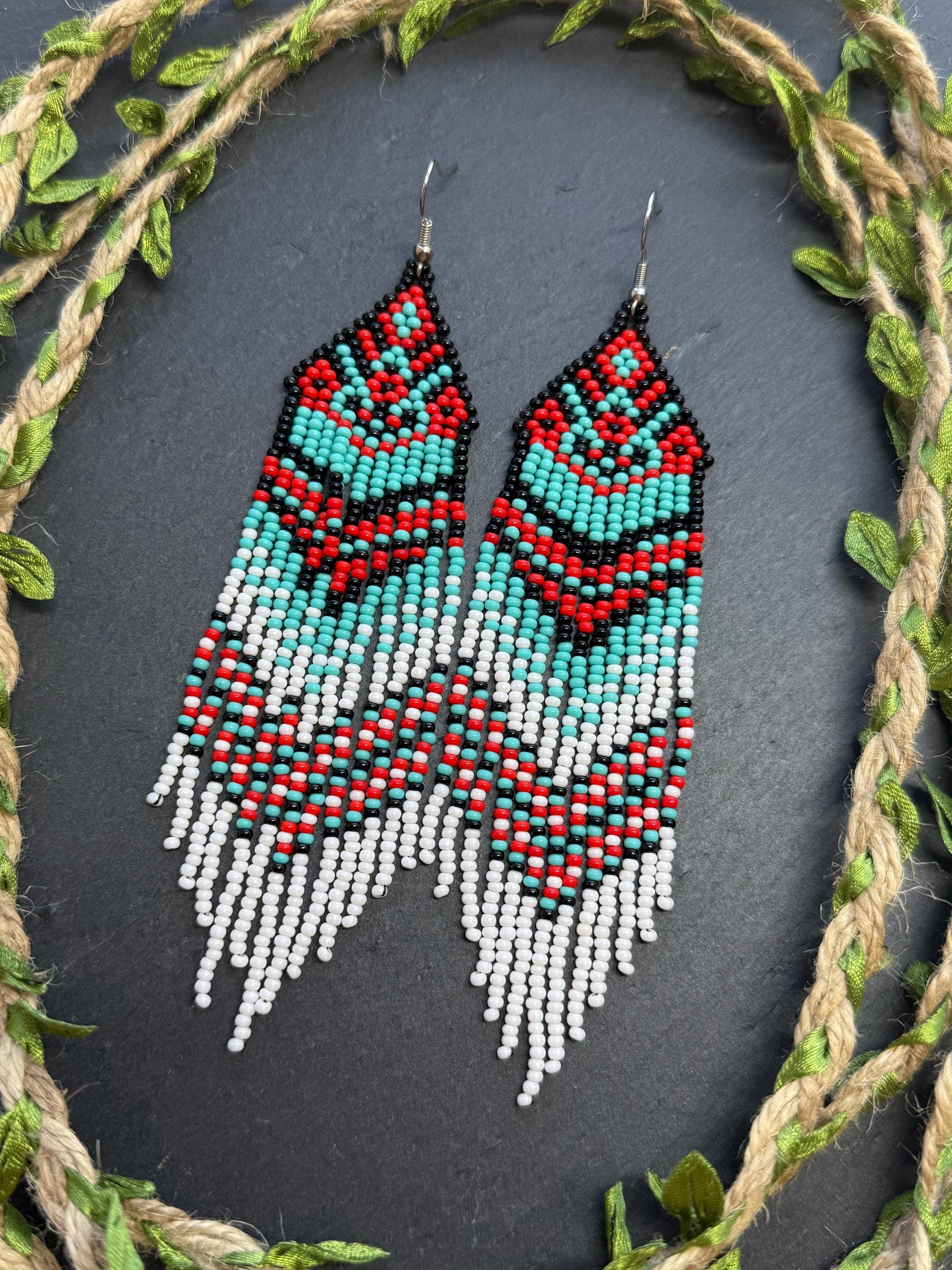 Handmade long beaded fringe earrings in red, black and turquoise with Native American motif. Boho statement dangle earrings for women, unique gift for her image 10