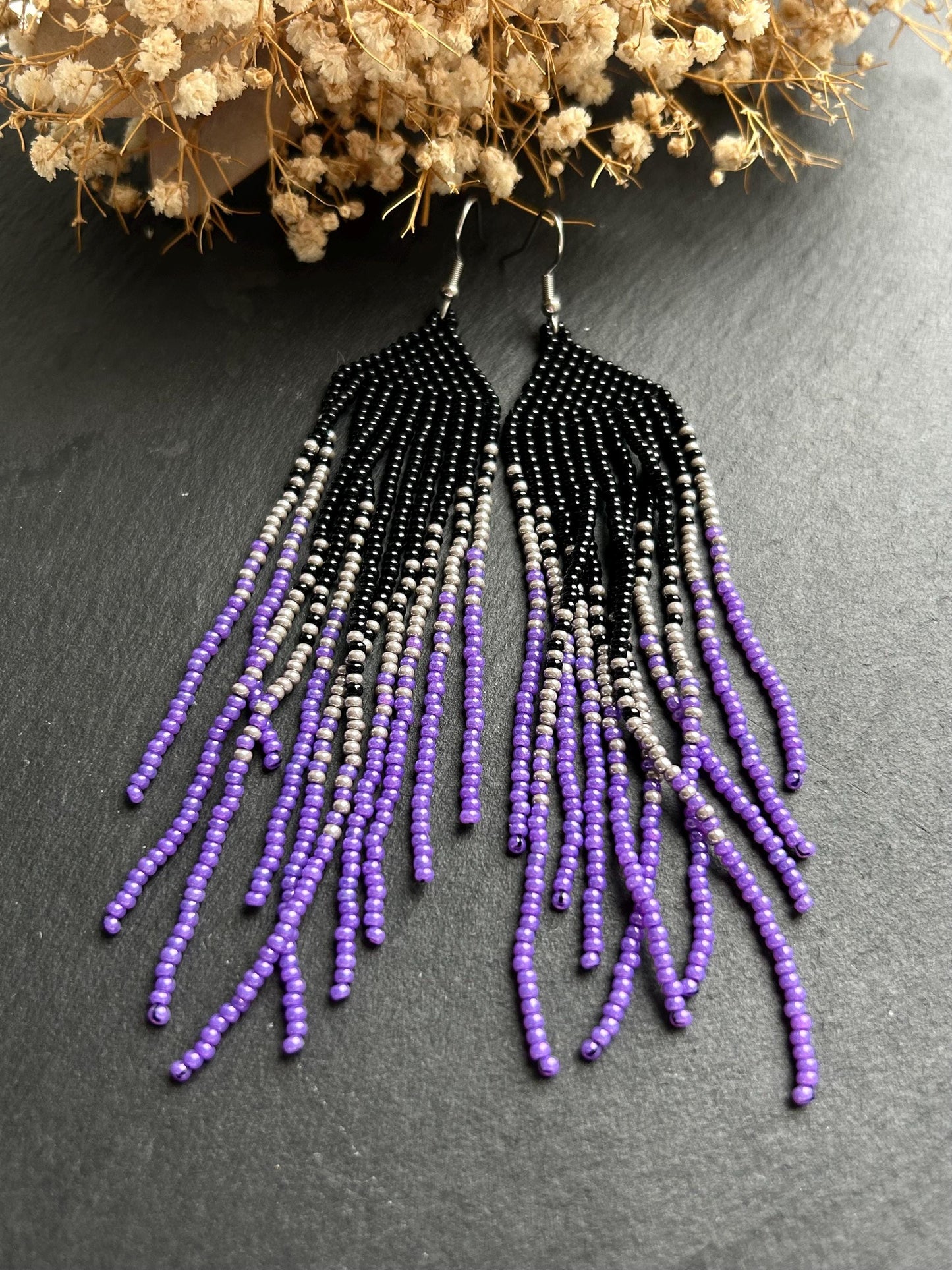 Long handmade black earrings with purple ombre and flowing fringe. Unique boho statement jewelry with elegant design, perfect gift for handmade jewelry lovers image 7