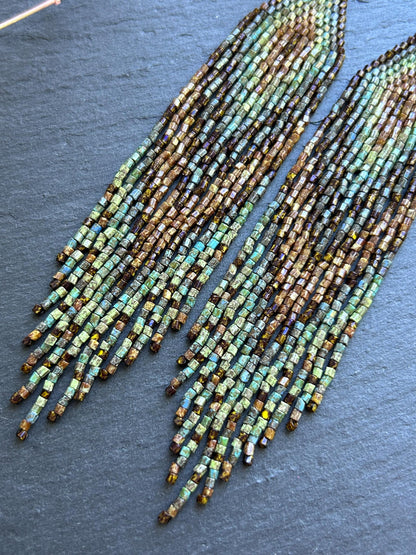 Handmade long beaded earrings in turquoise, green, and brown with fringe. Native American boho statement jewelry, unique artisanal accessory and perfect gift image 6