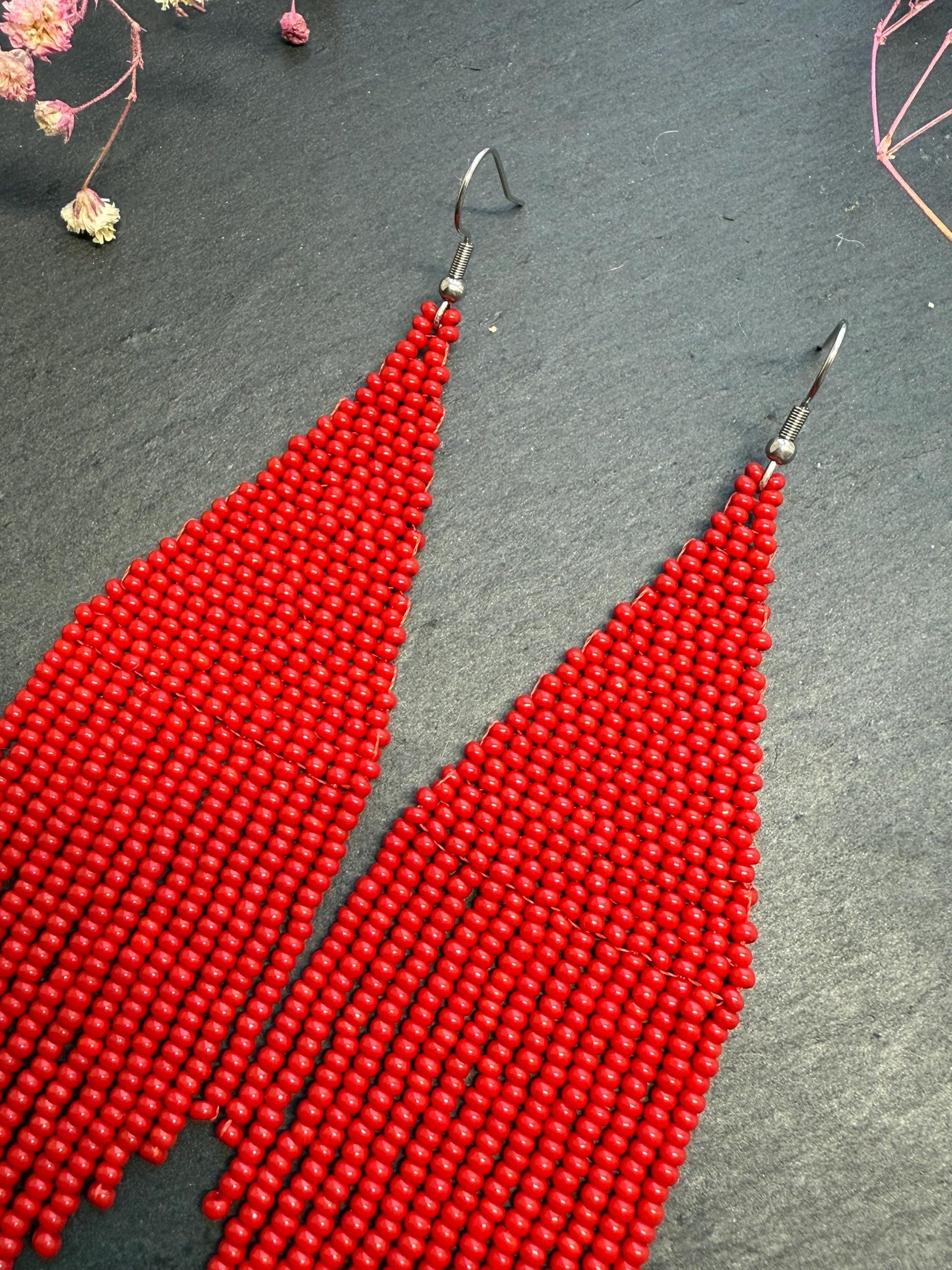 Unique handmade long red beaded dangle earrings with fringe in bright boho style. Modern statement jewelry for women, perfect gift for her imade 4