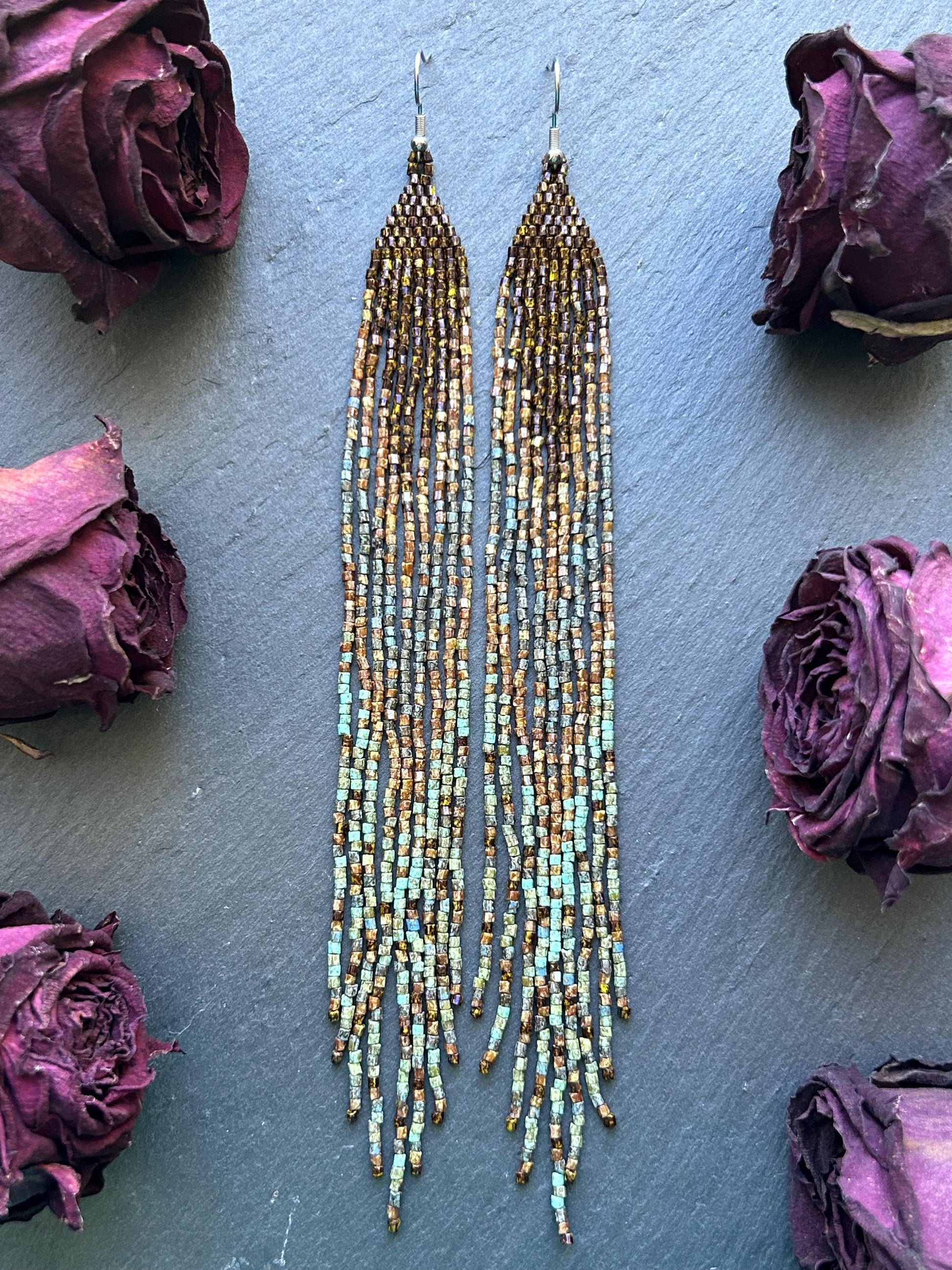 Handmade long green and turquoise beaded boho earrings with flowing fringe image 10