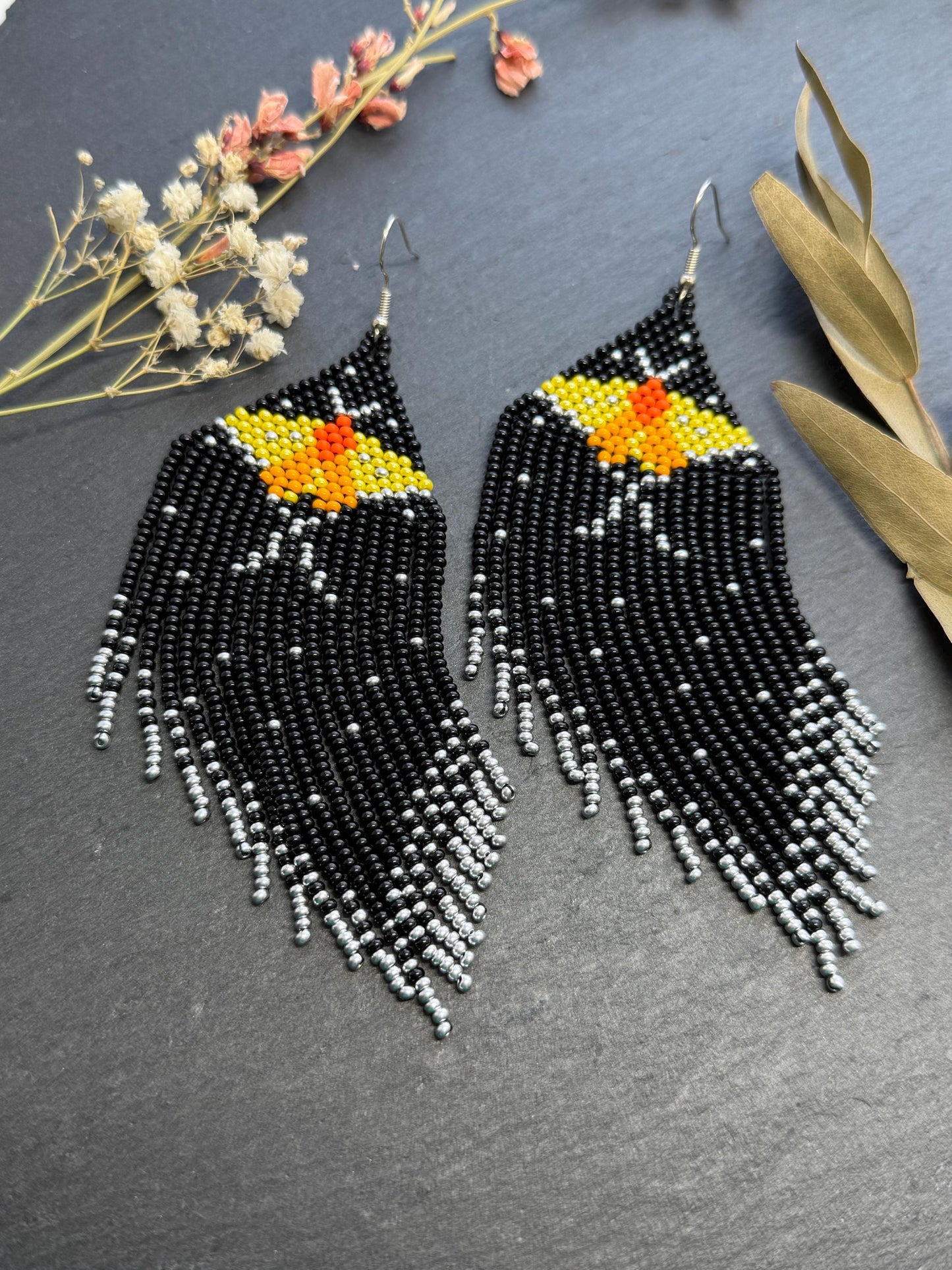 Handmade black and silver beaded butterfly earrings. Bright yellow butterfly, unique modern boho statement dangle earrings, jewelry gift for women image 8