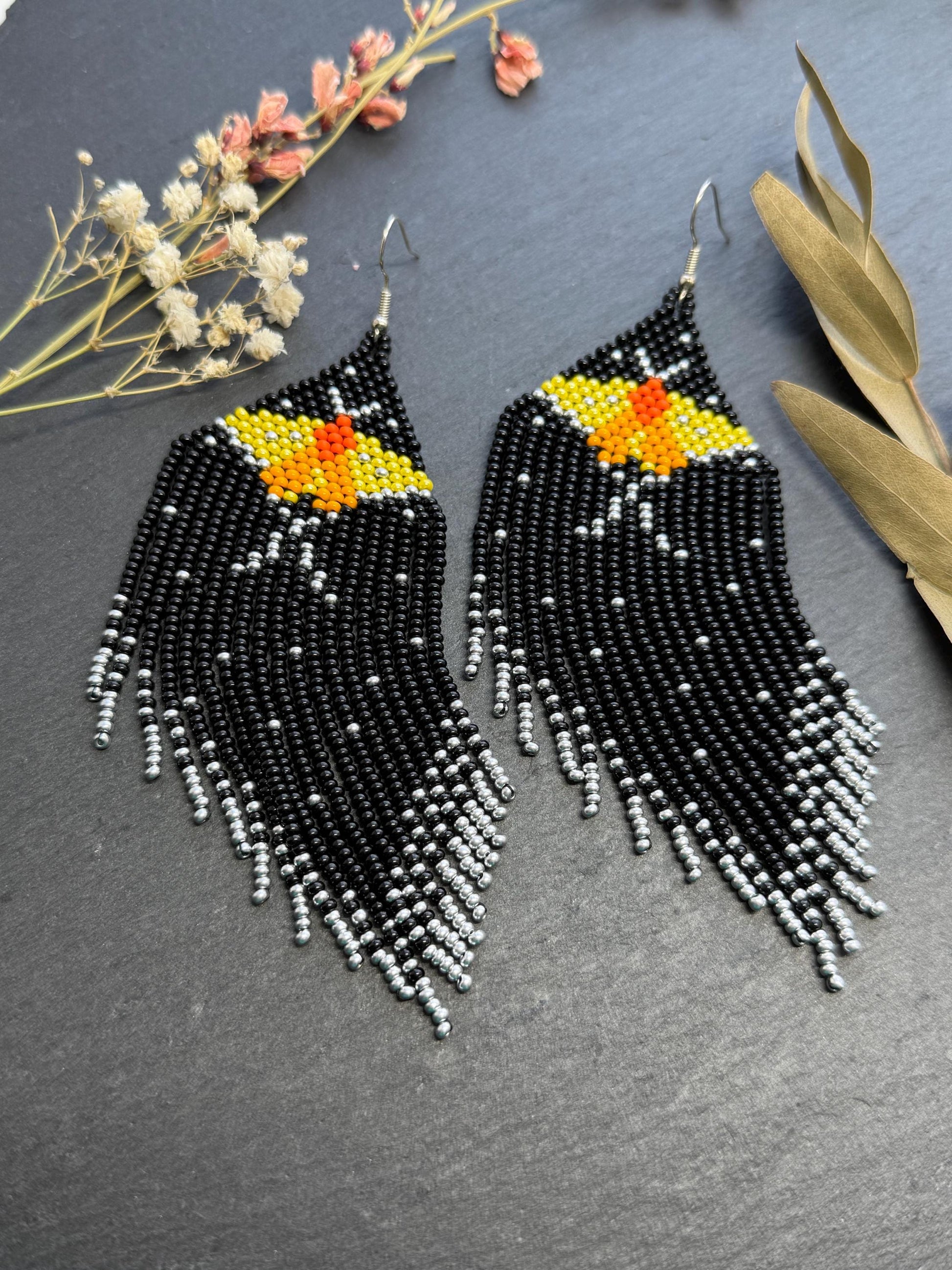 Handmade black and silver beaded butterfly earrings. Bright yellow butterfly, unique modern boho statement dangle earrings, jewelry gift for women image 8