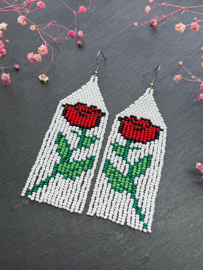 Unique long white beaded earrings with bright red rose and boho fringe. Handmade modern statement earrings for women, perfect gift for her image 3