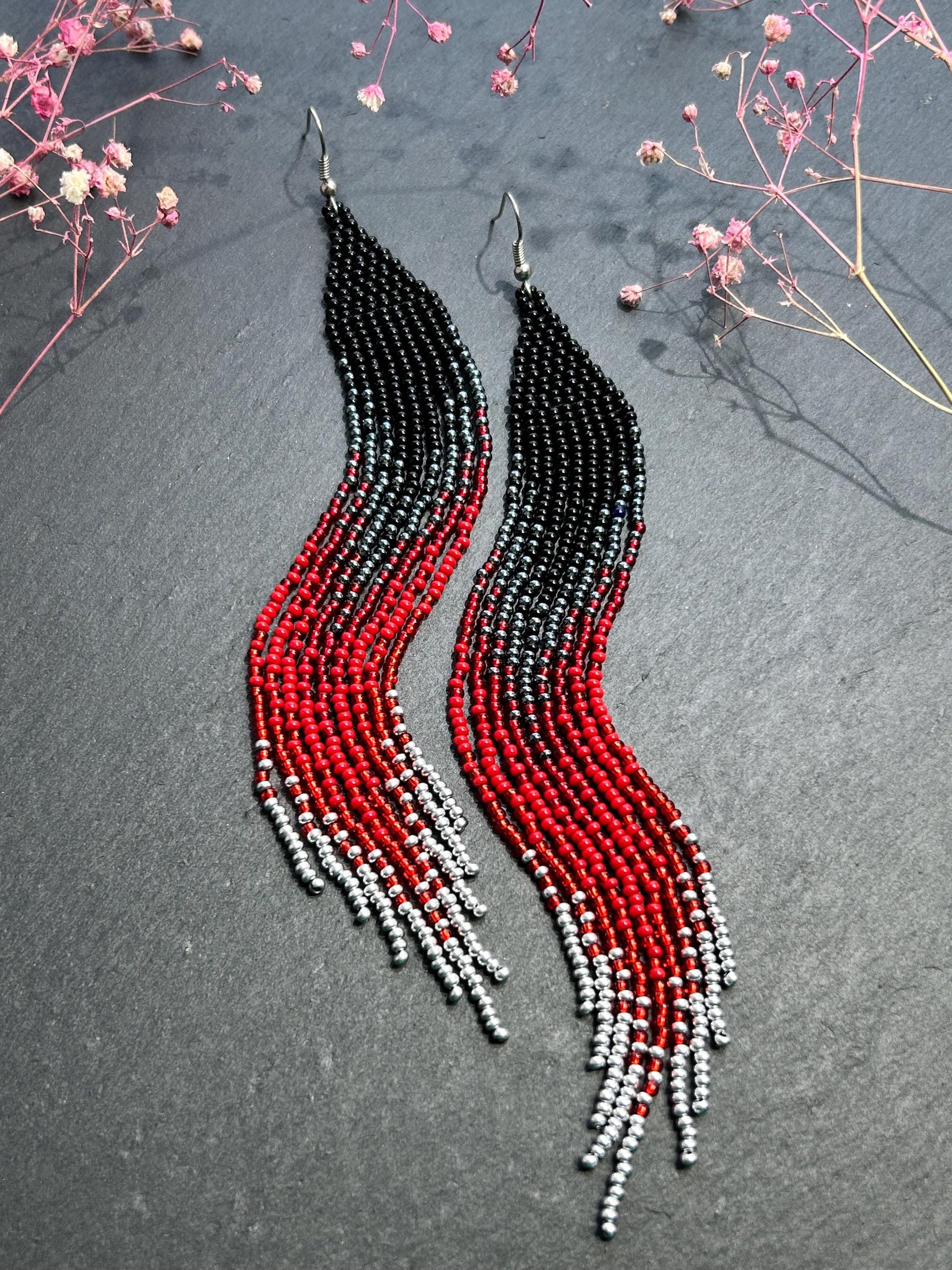 Long black and red ombre handmade beaded earrings with flowing fringe. Unique boho statement jewelry, perfect gift for women image 6