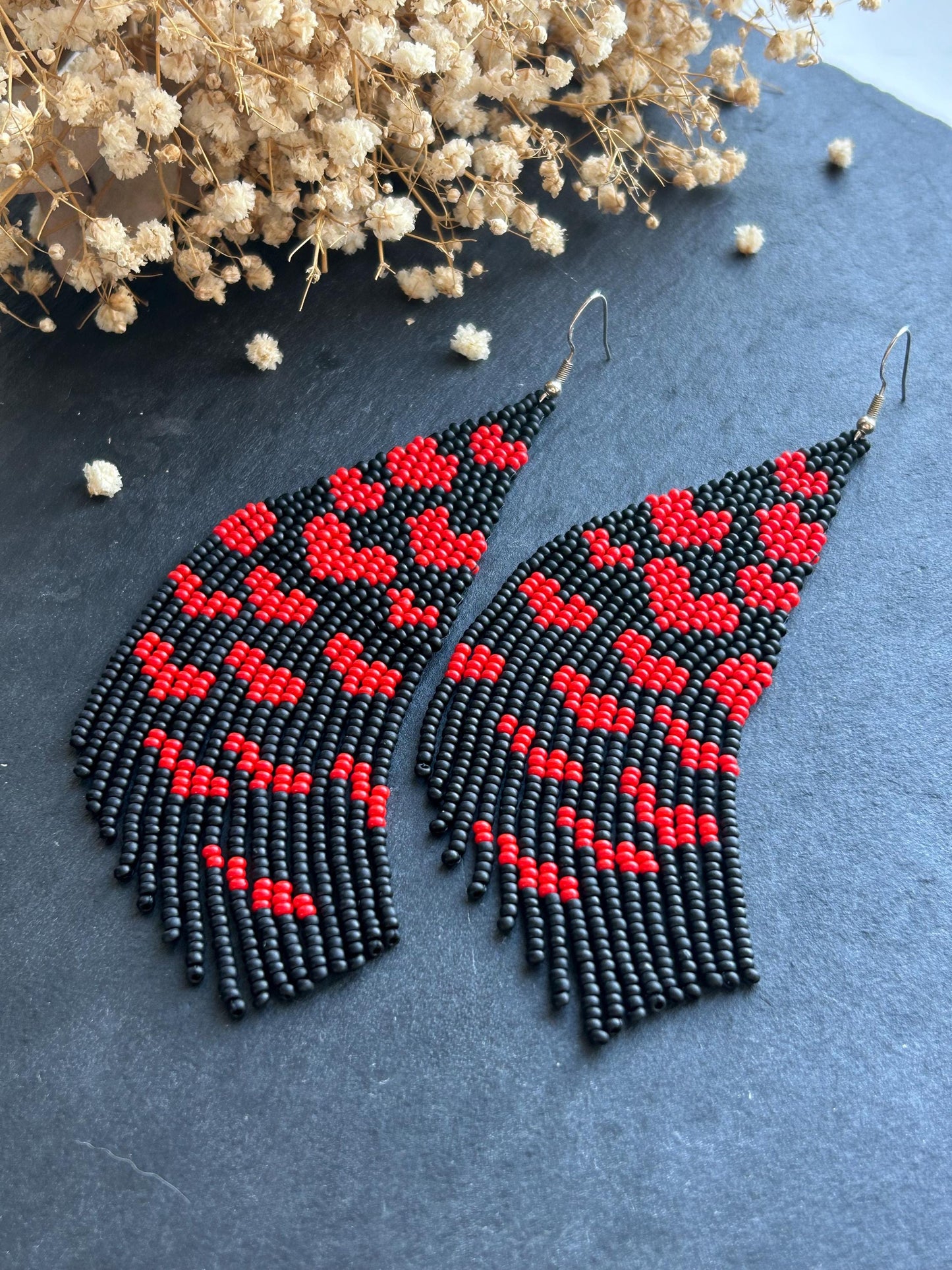 Handmade black beaded earrings with red heart fringe. Unique boho statement jewelry, perfect for Valentine’s Day, romantic gifts, and special occasions  image 7