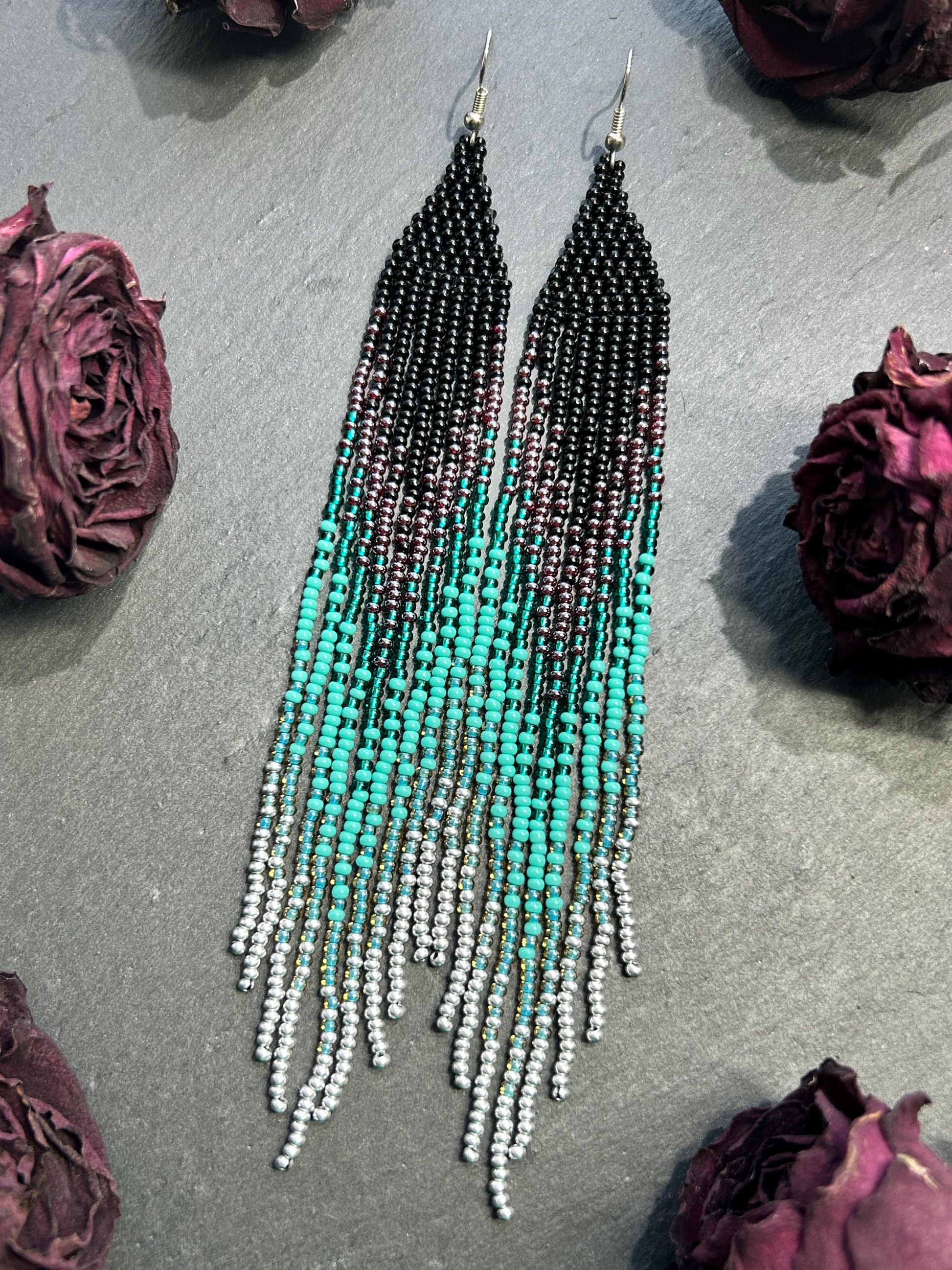 Handmade long black and green beaded fringe earrings with ombre design. Boho statement jewelry, lightweight and stylish image 10