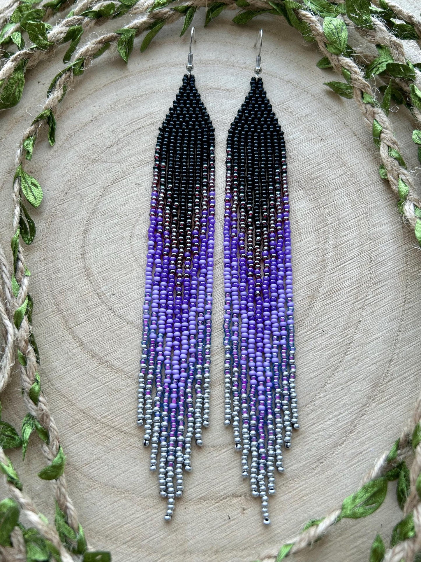 Long black beaded earrings in purple ombré style with fringe and silver tips. Handmade boho jewelry that is unique, vibrant, and adds elegance and movement  image 8