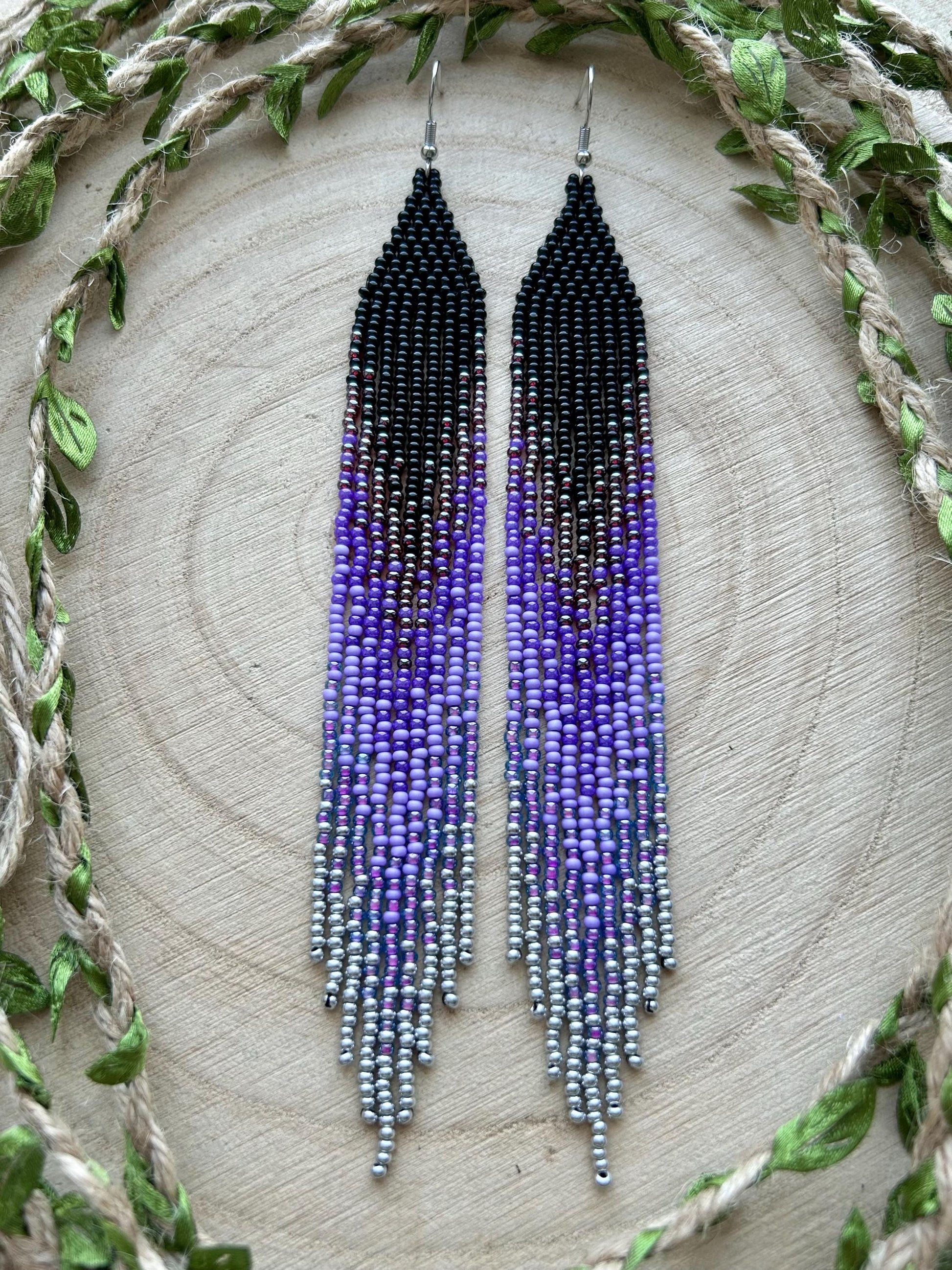 Long black beaded earrings in purple ombré style with fringe and silver tips. Handmade boho jewelry that is unique, vibrant, and adds elegance and movement  image 8
