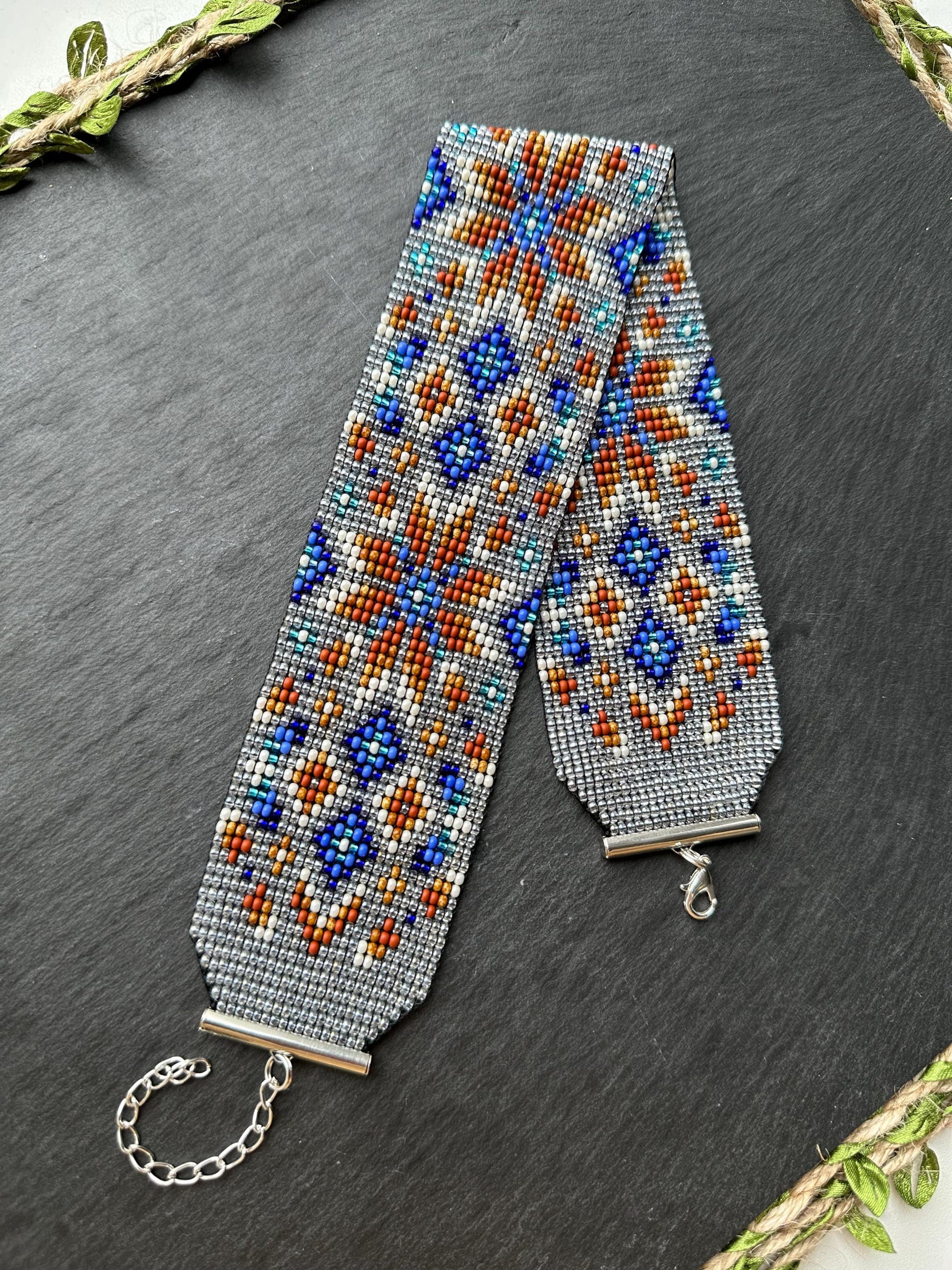 Unique handmade beaded choker with brown star ornament and blue accents on transparent base. Unique boho statement choker necklace for standout style image 8