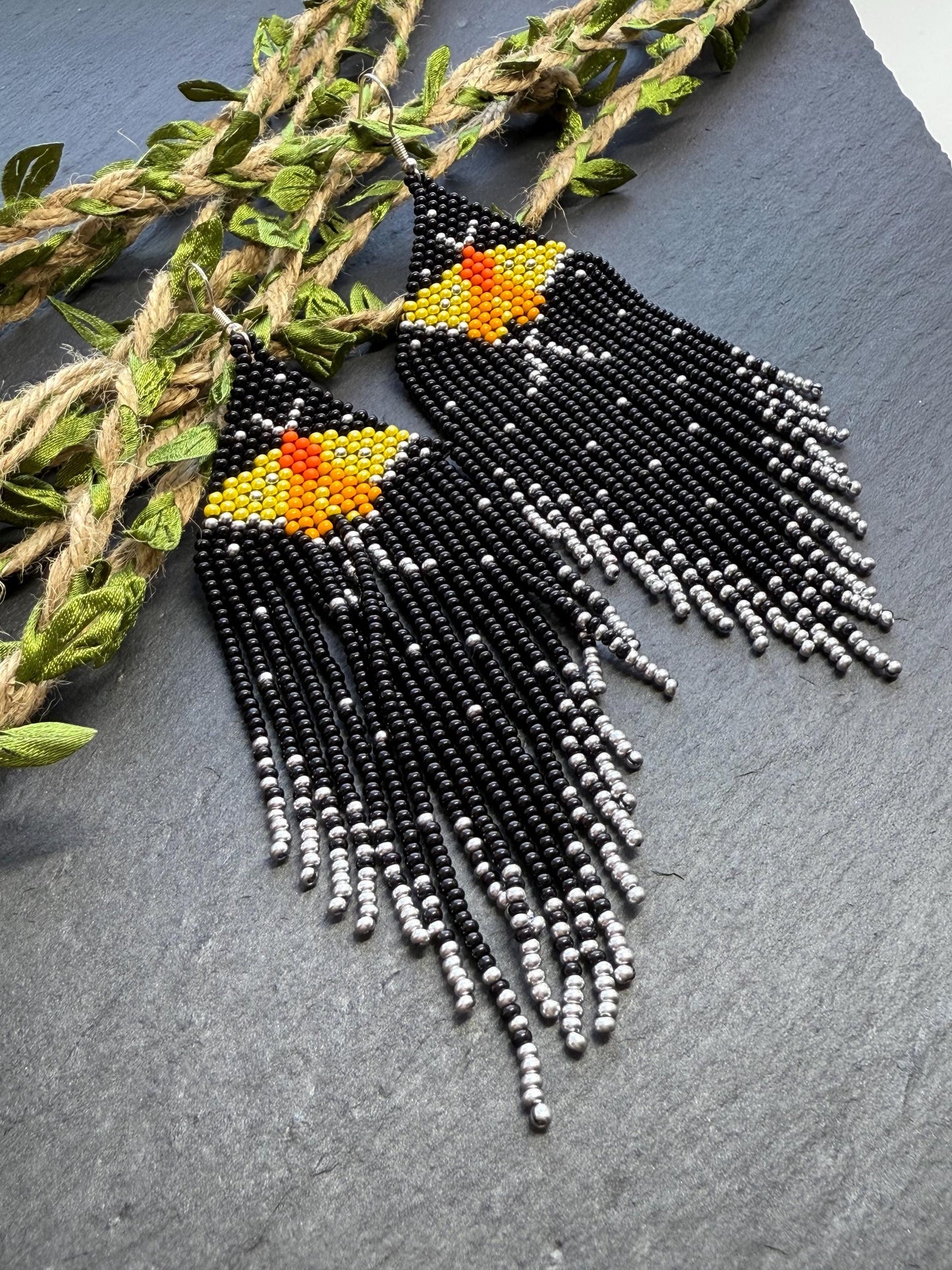 Handmade black and silver beaded butterfly earrings. Bright yellow butterfly, unique modern boho statement dangle earrings, jewelry gift for women image 1