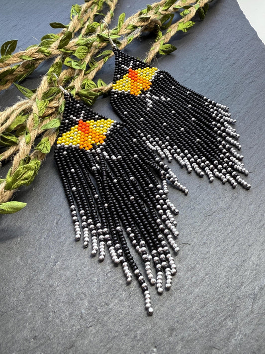 Handmade black and silver beaded butterfly earrings. Bright yellow butterfly, unique modern boho statement dangle earrings, jewelry gift for women image 1