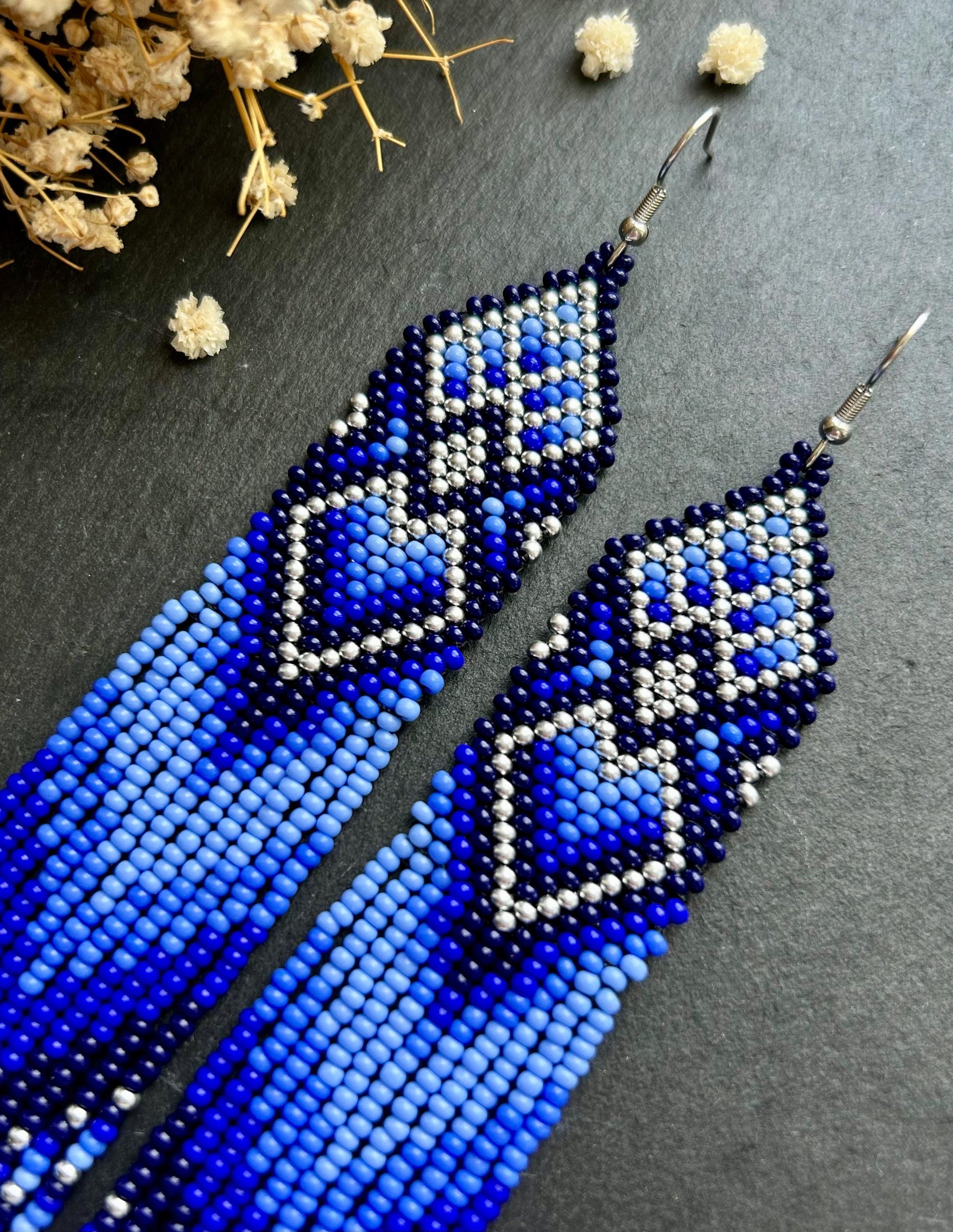 Handmade long blue beaded boho earrings with fringe and silver accents. Native style statement jewelry, unique artisanal accessory for bold style image 3