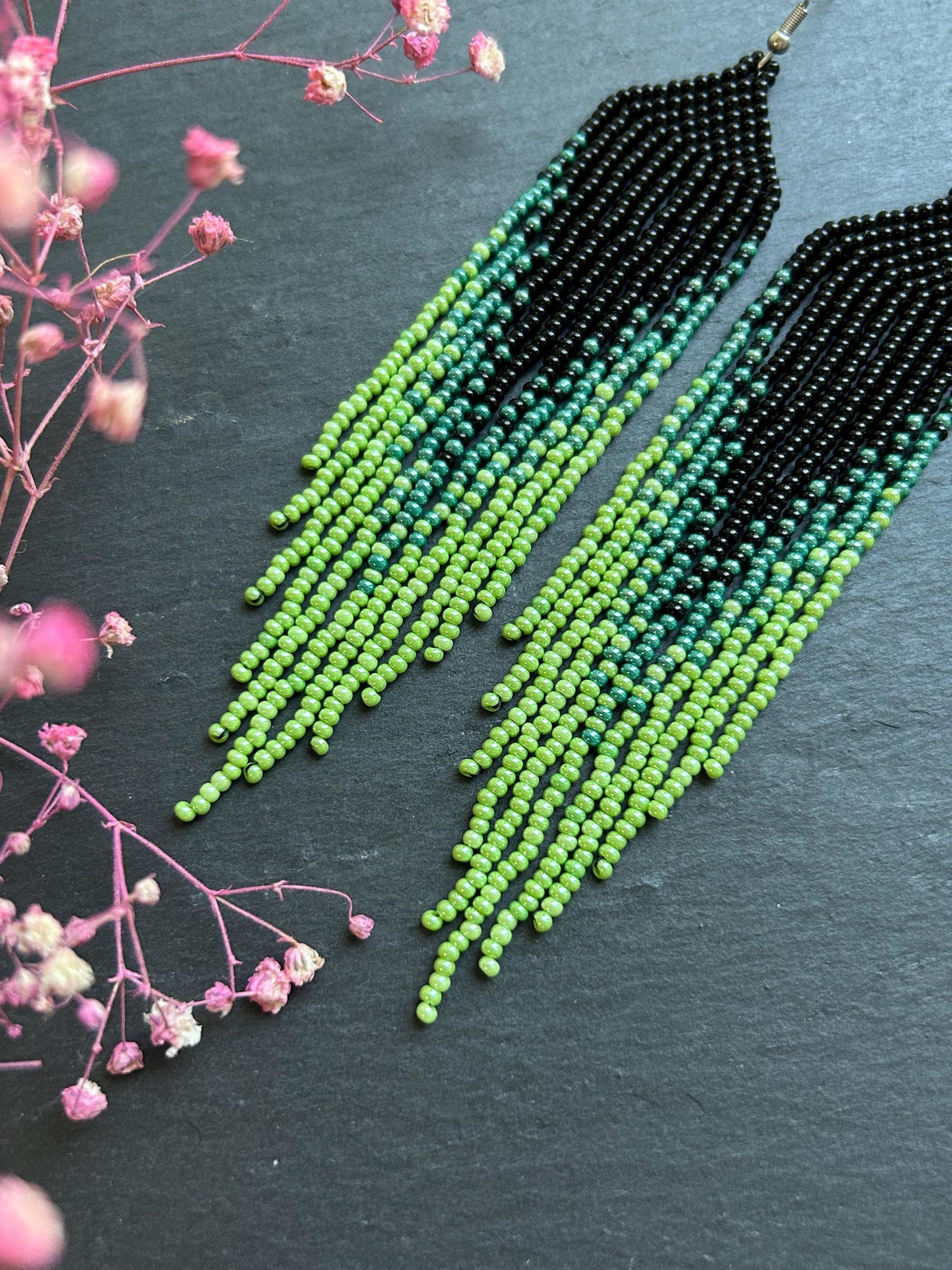 Long ombre beaded earrings in black and green with delicate fringe. Unique handmade jewelry for women, combining modern style with effortless elegance image 5