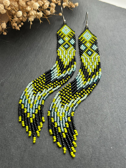 Long black, green, and mint green beaded earrings with Native American ethnic design and fringe. Handmade boho earrings for women, unique earrings for women image 1