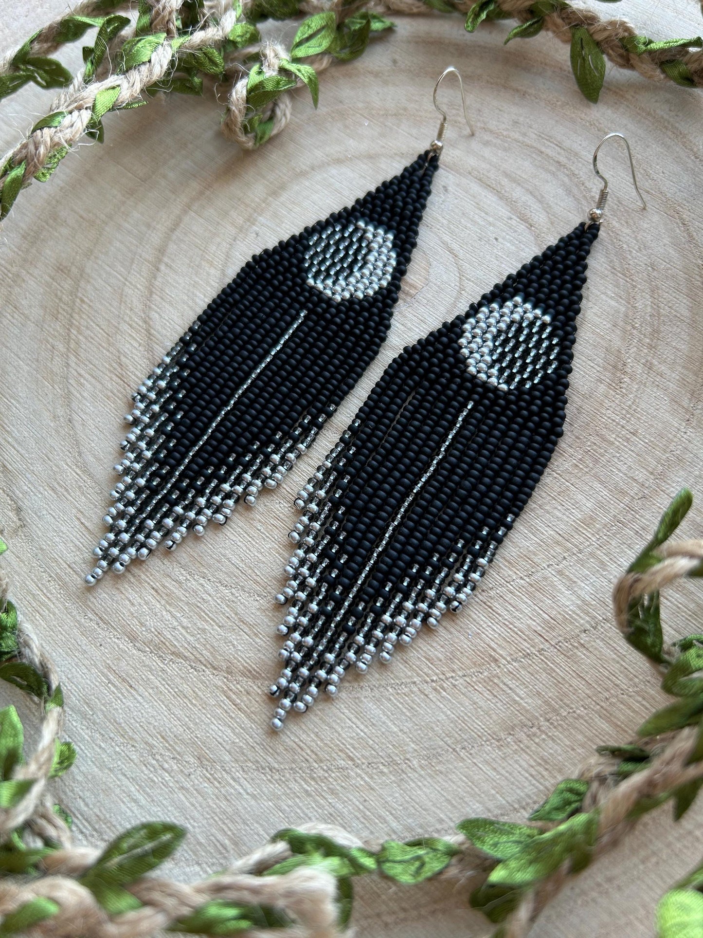 Unique handmade black beaded earrings with silver lunar eclipse motif and fringe. Boho celestial statement jewelry for mystical and artistic style image 10