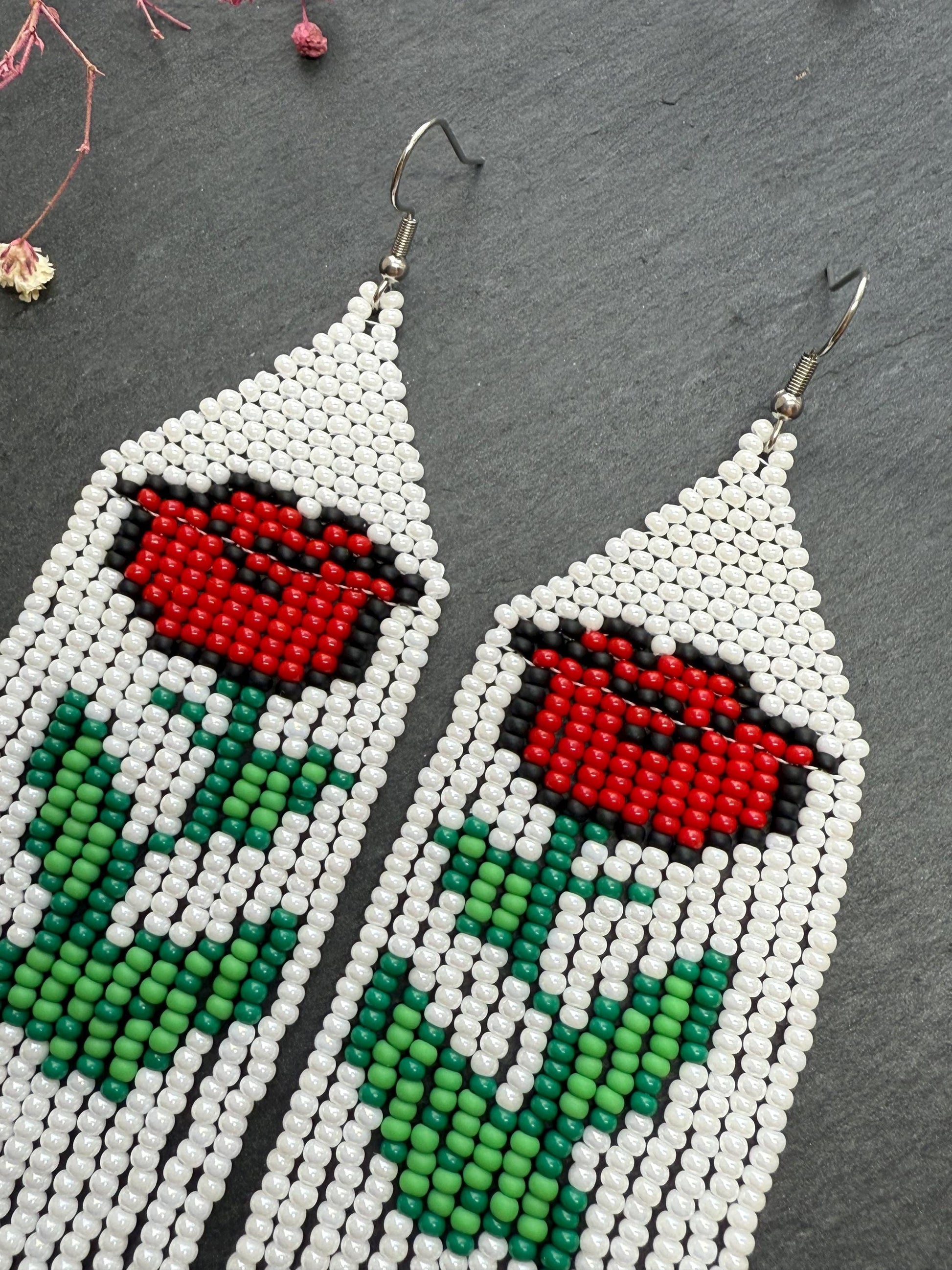 Unique long white beaded earrings with bright red rose and boho fringe. Handmade modern statement earrings for women, perfect gift for her image 4